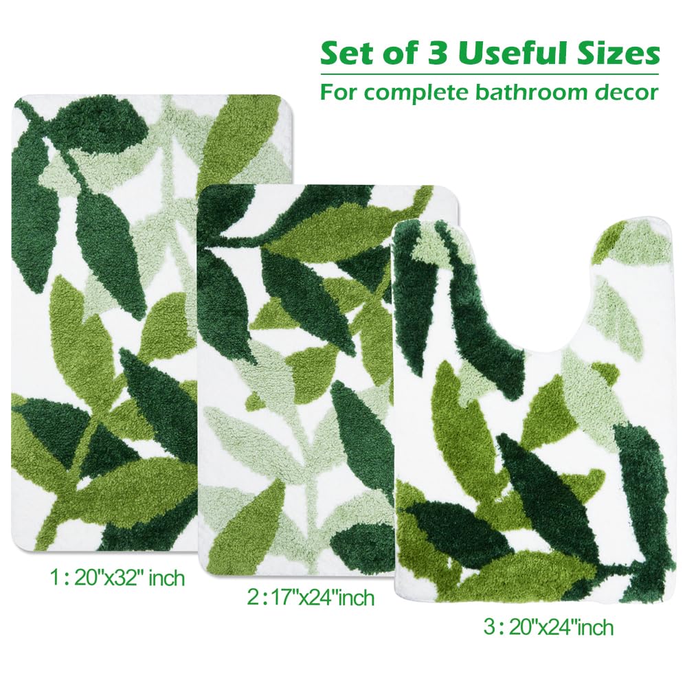 Baahrnom Tufted Bathroom Rugs 32'' X 20'' Extra Soft Green Bath Mat Machine Washable Cute Leaf Rug Non Slip Durable For Kitchen
