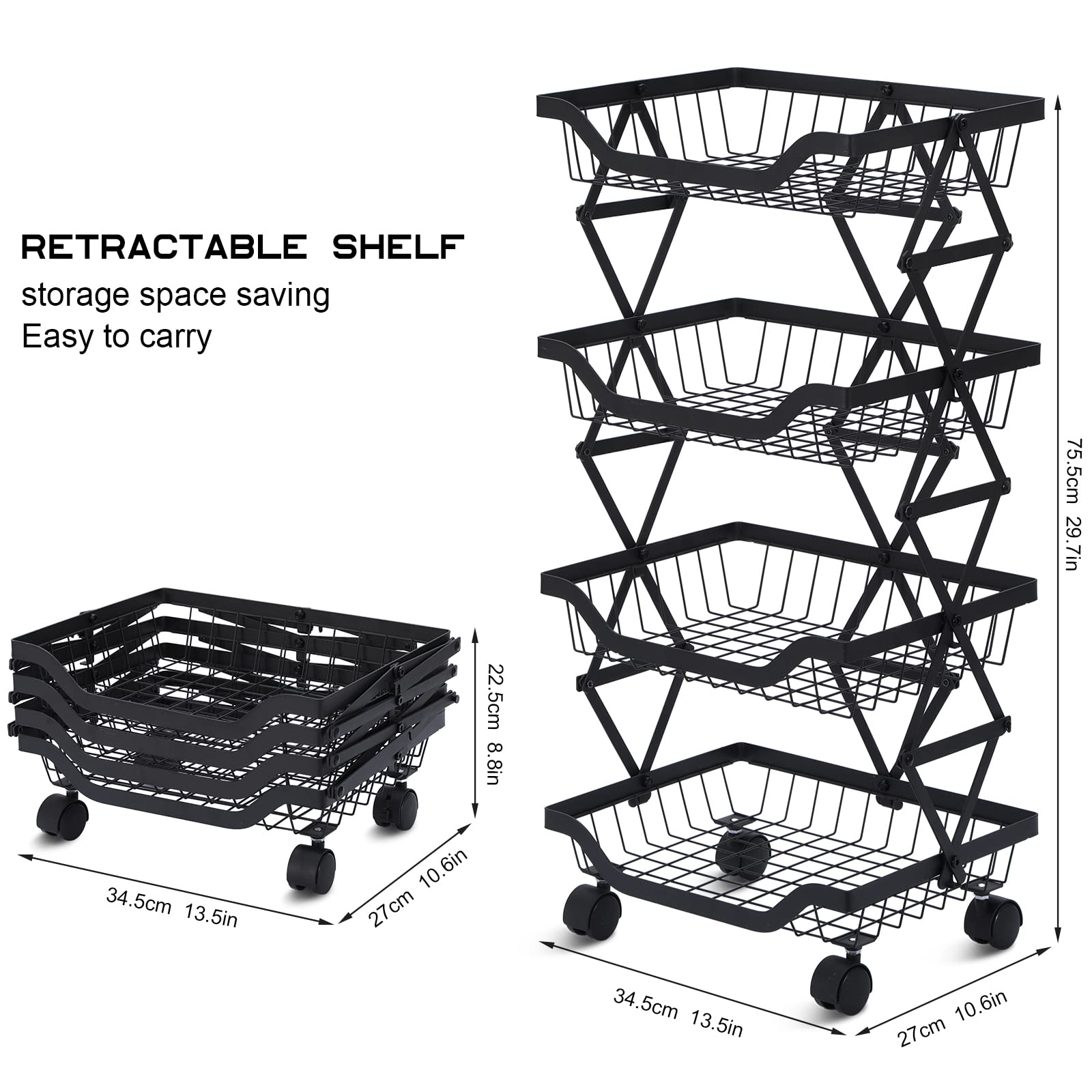 Brian & Dany 4-Tire Fruit And Vegetable Storage Rack, Fresh Vegetable Storage Basket Container For Kitchen (Black)