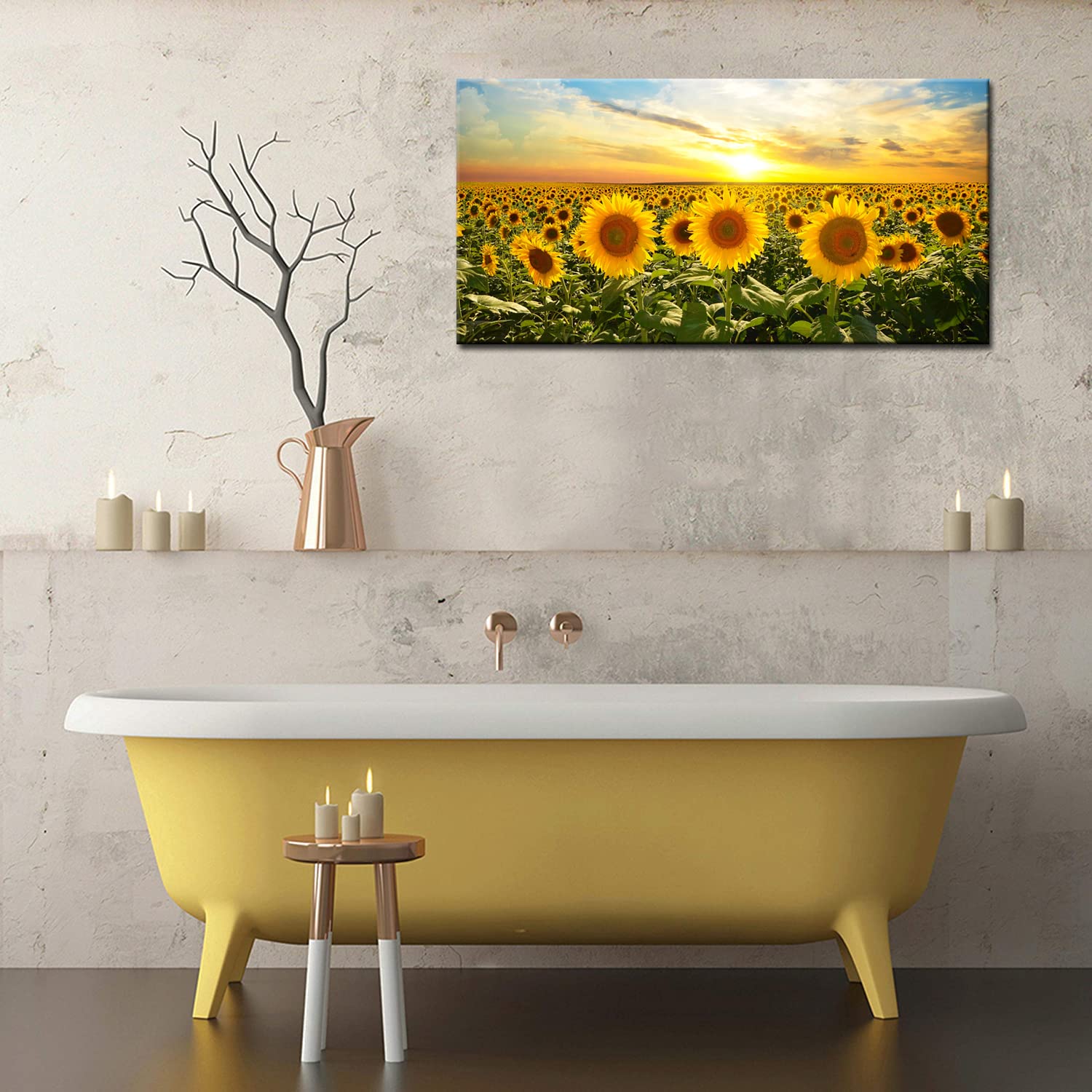 Biuteawal Sunflower Canvas Print Wall Art Sunset Landscape Pictures Flower Field Artwork Modern Painting for Home Kitchen Bedroom Dining Room Stretched and Framed Ready to Hang