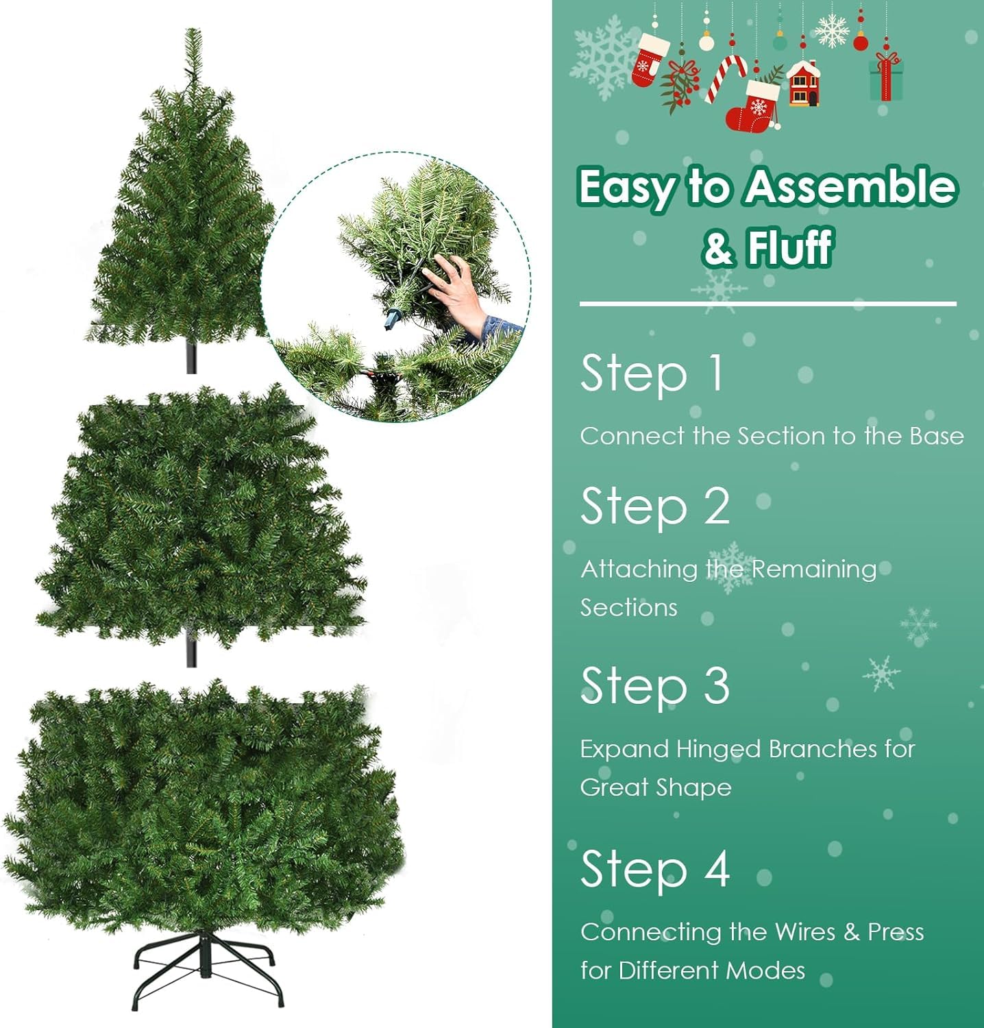 Goplus 6FT Pre-Lit Christmas Tree, Artificial Hinged Spruce Xmas Full Tree with 350 LED Multicolor Lights, 11 Flash Modes, 1000