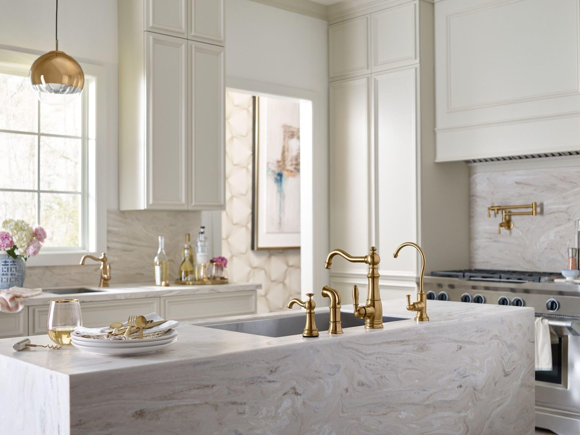 Moen Brushed Gold Traditional Double Jointed Wall Mount Swing Arm Folding Pot Filler Kitchen Faucet, S664Bg