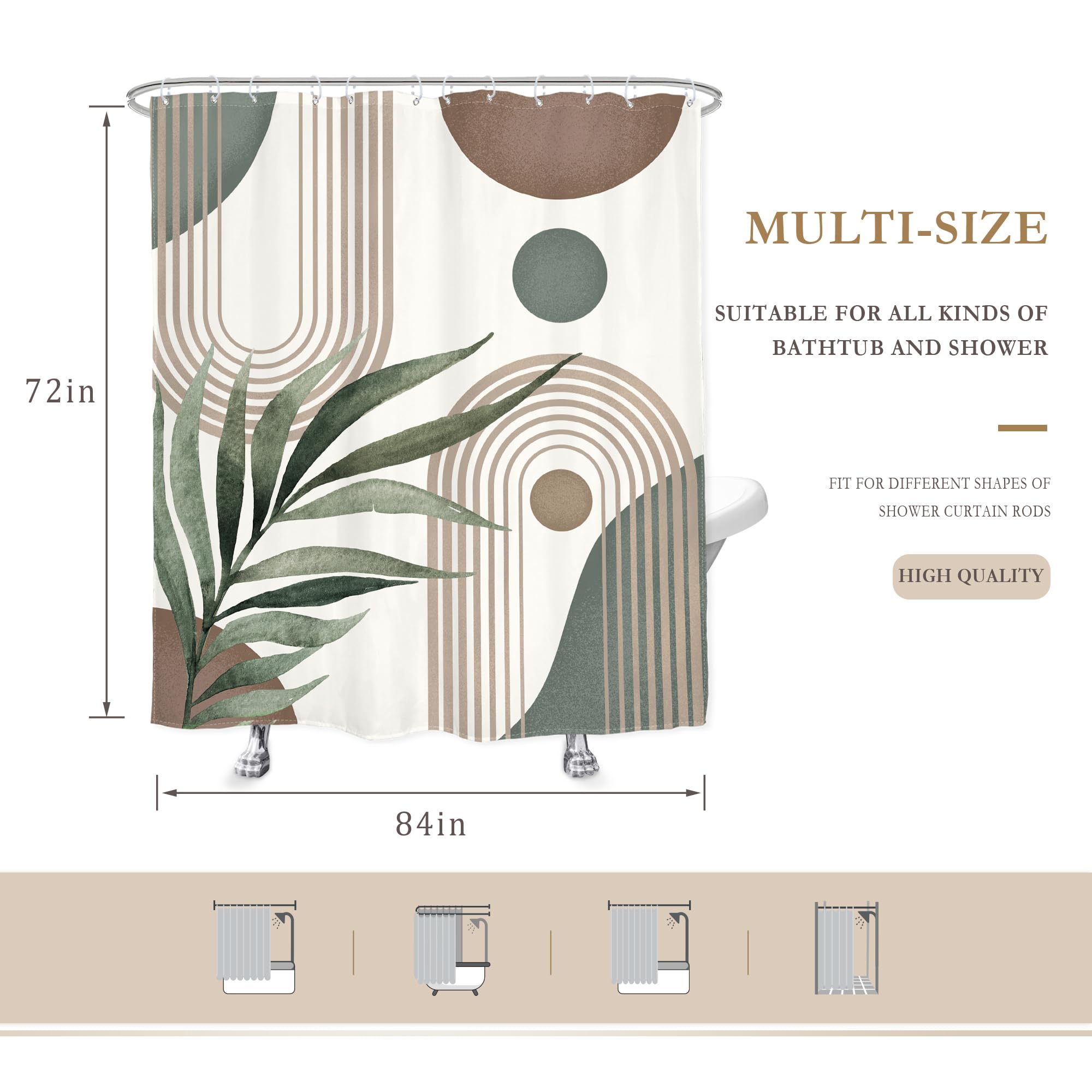 Glawry Boho Shower Curtain Extra Long Mid Century Abstract Plant Palm Leaves Modern Arch Bathroom Minimalist Geometric Aesthetic