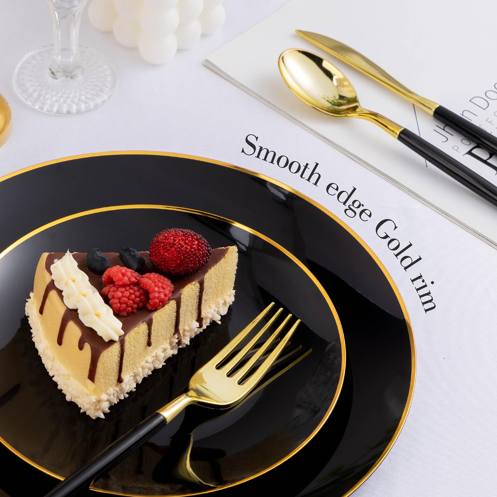 175 Pieces Black Gold Plastic Dinnerware Set, Black And Gold Disposable Plates For Party, Include 50 Black Plates With Plastic C