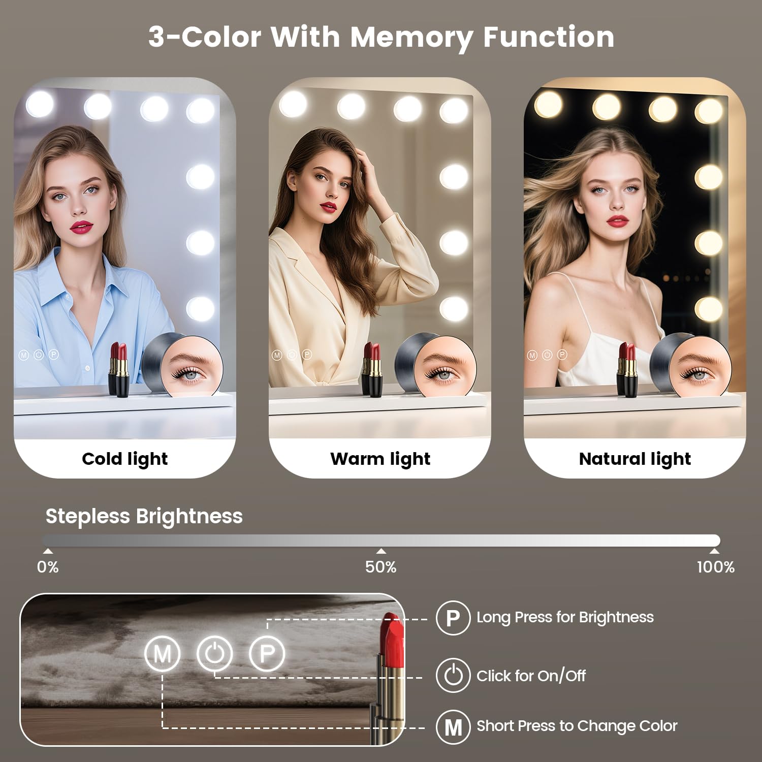 VESAUR Large Vanity Mirror with Lights, Hollywood Makeup Mirror with 15 Dimmable Bulbs 3 Light Colors, Detachable 1X/10X/15X Mag