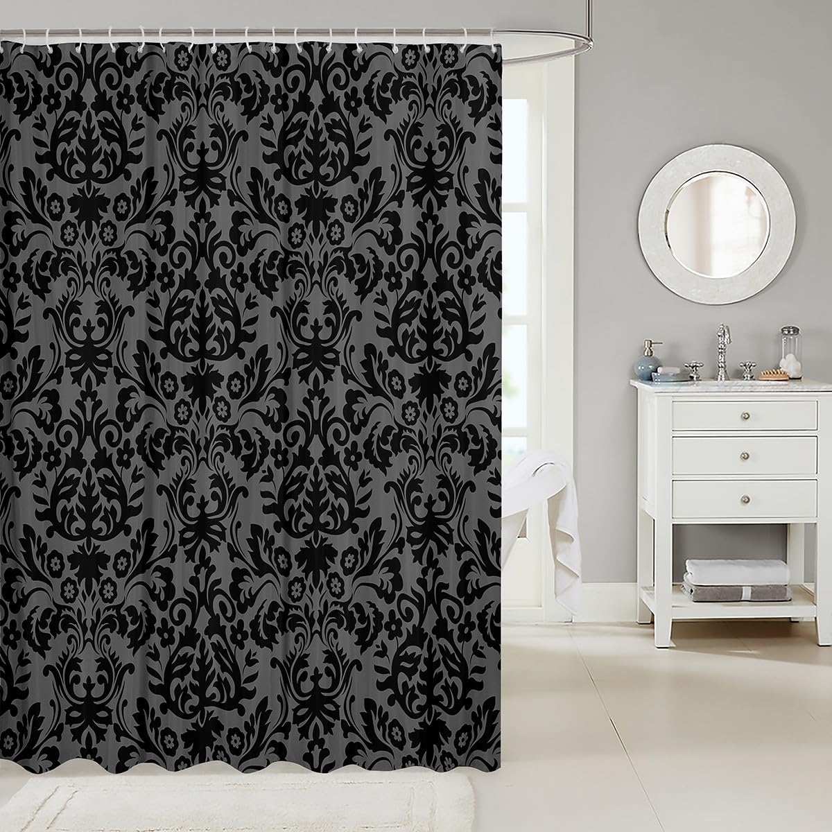 Adults Black Damask Shower Curtain Antique Victorian Baroque Bathroom Curtain 72'' Wx72 L Gothic Vintage Floral Bathroom Accesso