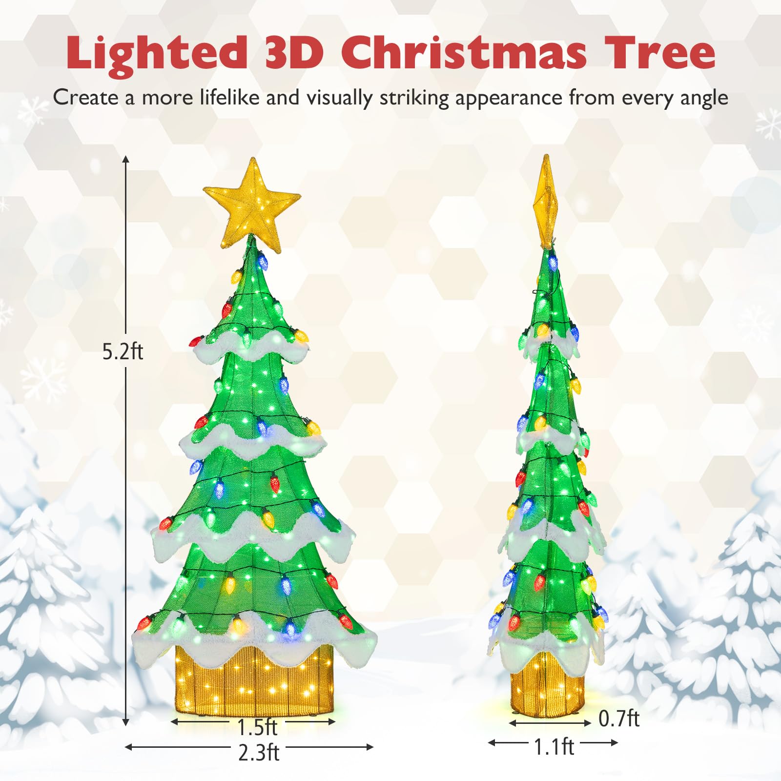 Tangkula 5.2 FT Christmas Lighted Tree, Indoor Outdoor 3D Pre-Lit Xmas Tree with 34 Colorful Strawberry Bulbs, Green & Warn Yell