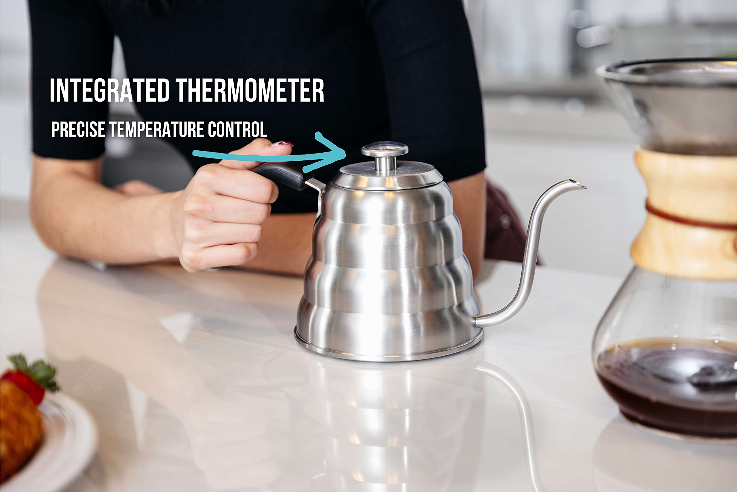 Barista Warrior Gooseneck Kettle For Pour Over Coffee And Tea With Thermometer For Exact Temperature, Precision Pour Drip Spout,