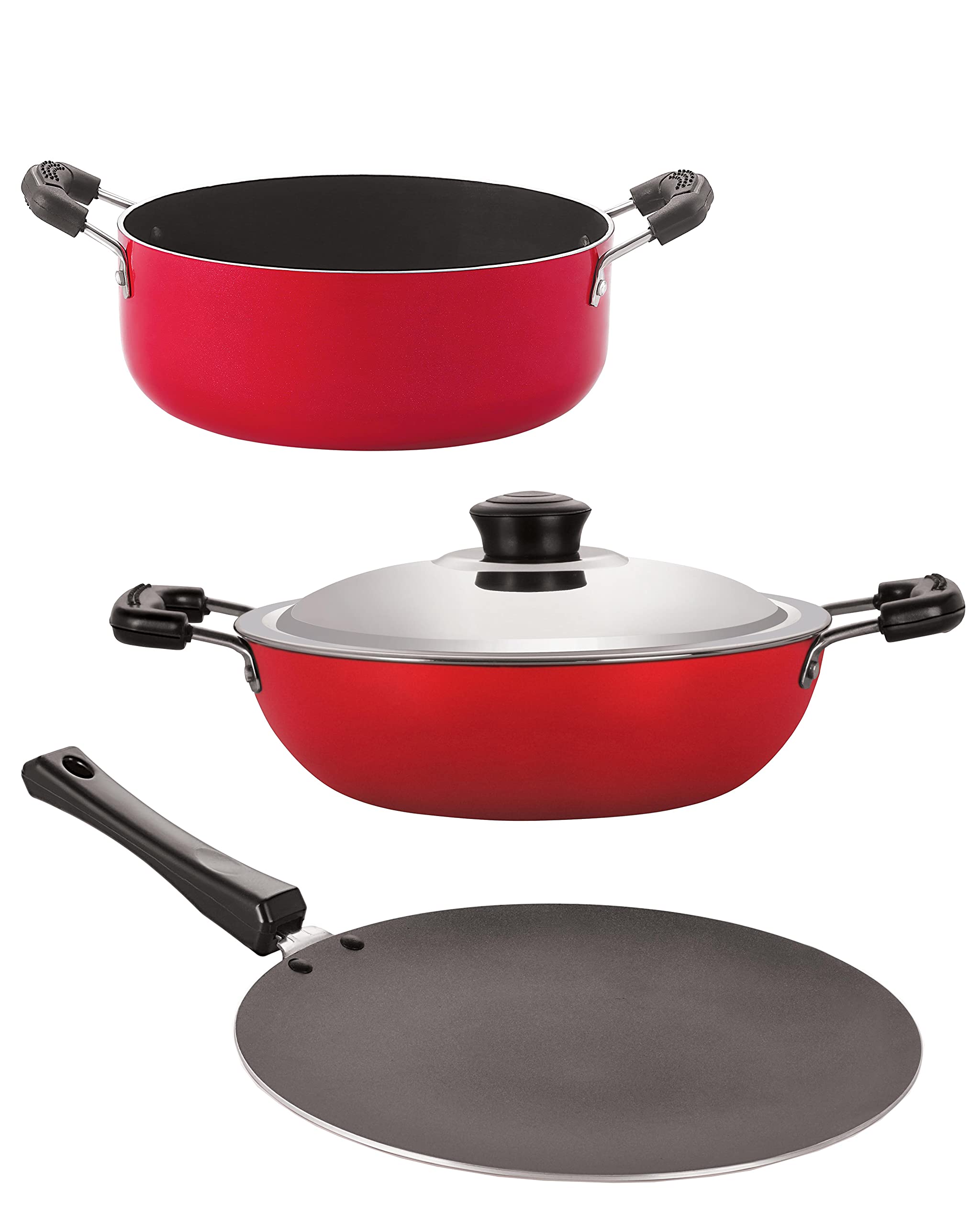 Nirlon Kitchen NonStick Cookware Combo Casserole/Kadhai With Lid/Concave Roti Tawa  Set Of 3(Red And Black)