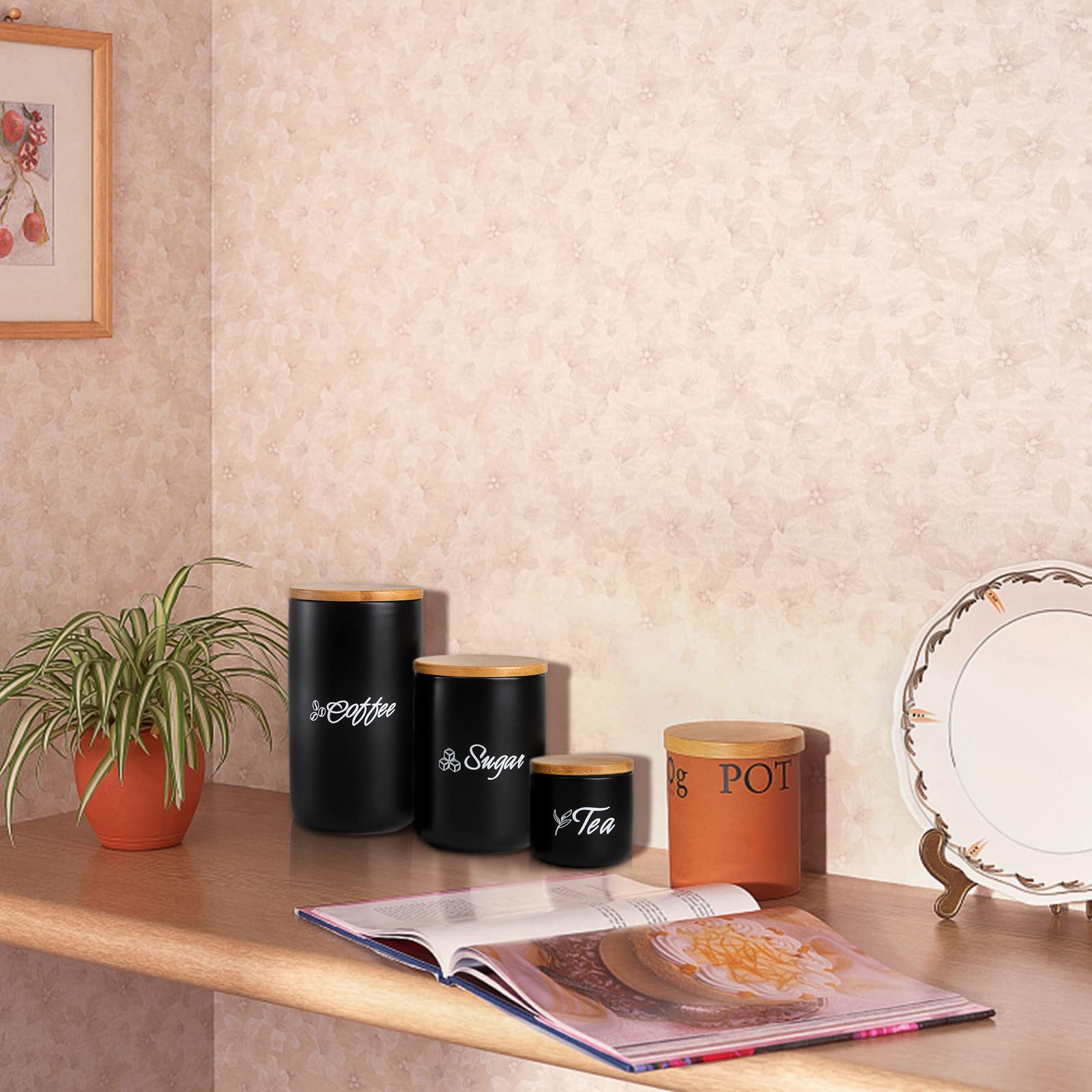 Topzea Set Of 3 Black Kitchen Canisters, Ceramic Coffee Sugar Tea Canisters Cylinder Set With Bamboo Lid Airtight Containers, Ki