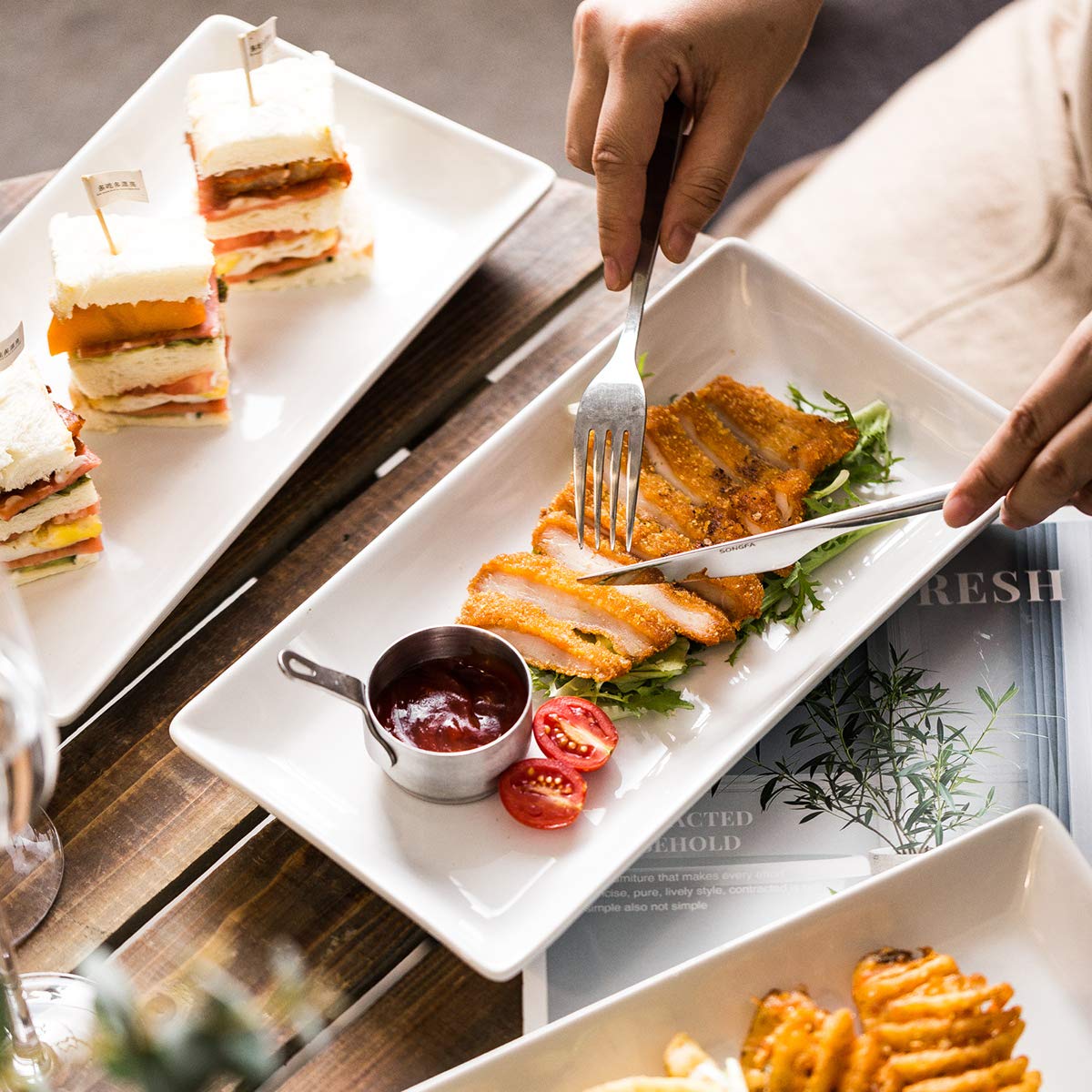 Yhosseun Porcelain Serving Platters Rectangular Trays White Serving Platters For Party, Stackable Serving Plates Set Of 4,12 Inc
