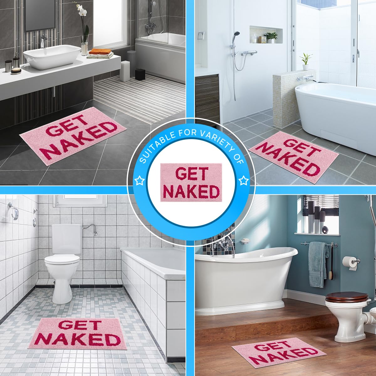 Qubomax Get Naked Bath Mat - Non-Slip, Super Absorbent, Funny Bathroom Rug, Machine-Washable, Cotton & Microfiber, 32''X20'' (Pi