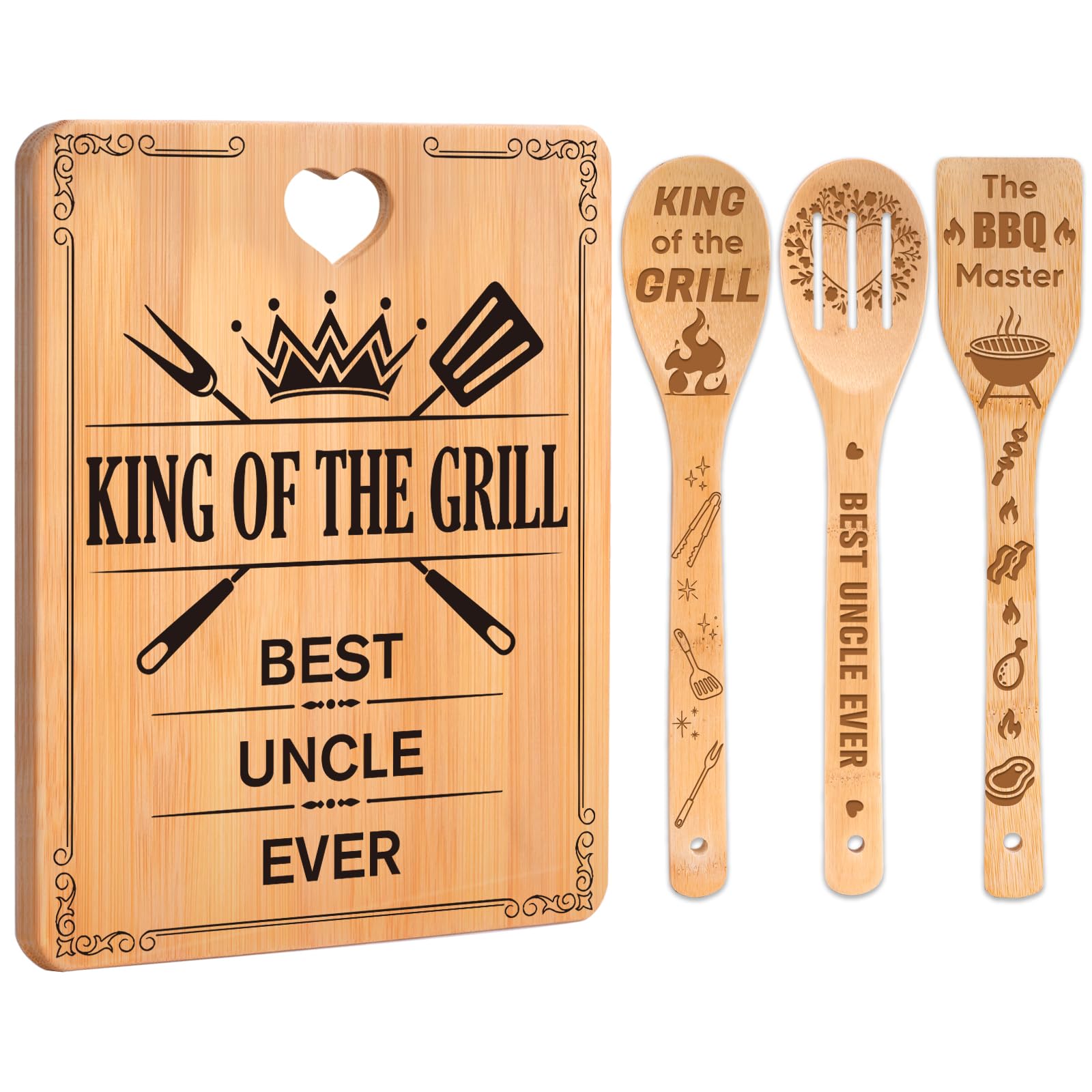 Best Uncle Gifts -  King of The Grill, Best Uncle Ever  Uncle Christmas Gifts Cutting Board Set, Bamboo-Made Engraved Utensil Se