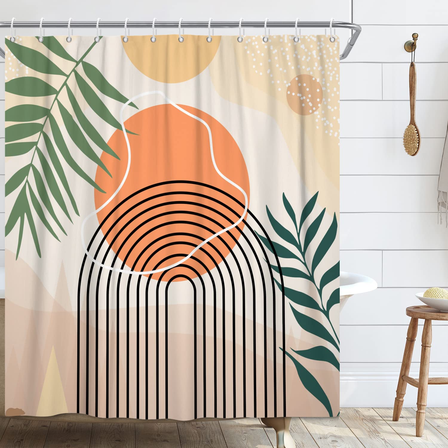 GKLEASG Mid Century Extra Long Shower Curtain  Abstract Boho Minimalistic Arch Sun Leaf Machine Washable Waterproof Fabric for Bathroom Bathtub Decor with Hooks 72Wx84H