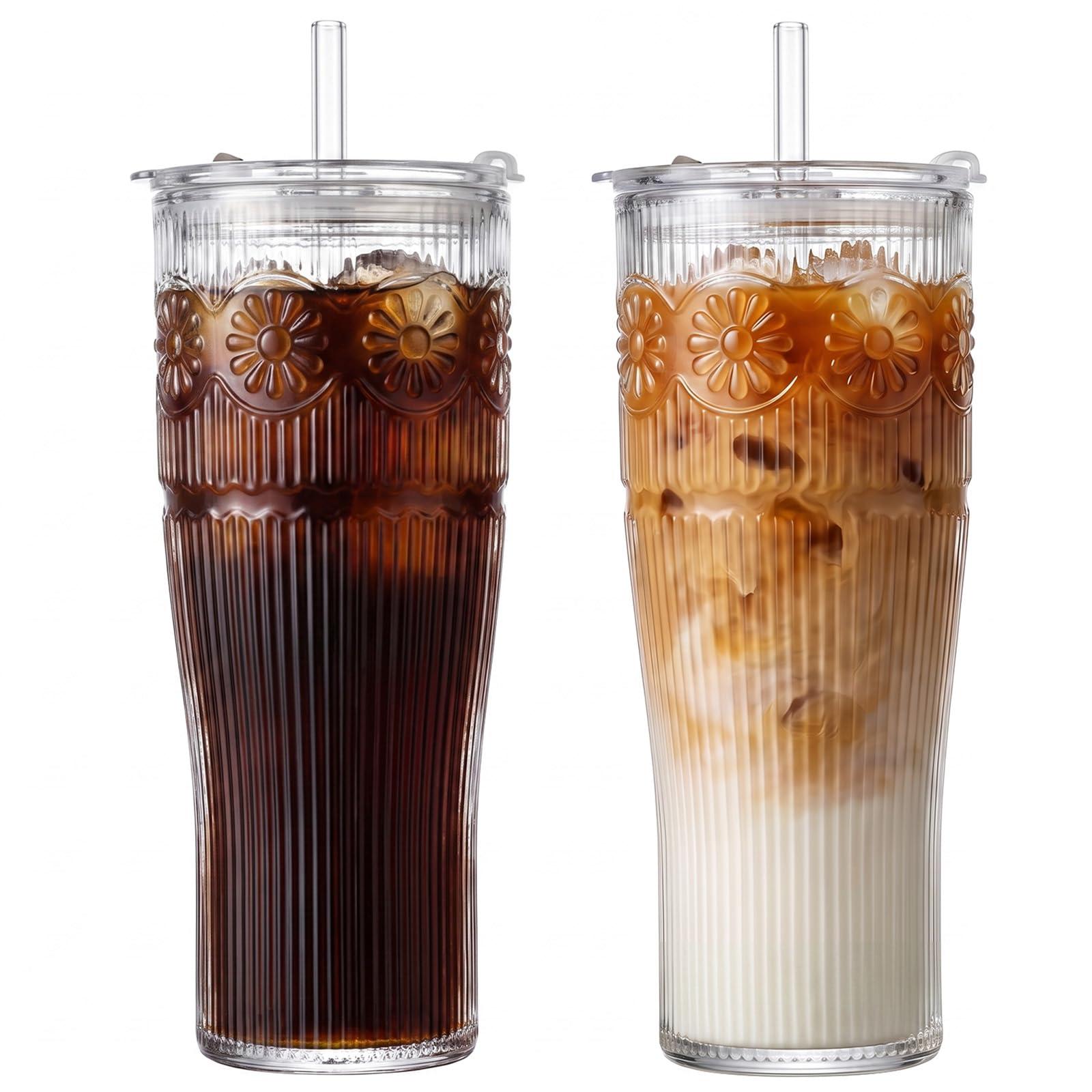 GOSCHE 20 oz Iced Coffee Cups with Lids, Glass Cups with Lids and Straws, Borosilicate Glass Tumbler for Coffee,Tea and Water, 2
