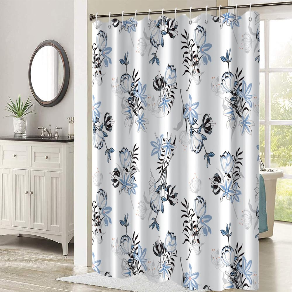 Ruelvth Blue Floral Shower Curtain, Watercolor Blue And Grey Shower Curtain For Bathroom Waterproof Fabric Aesthetic Shower Curt