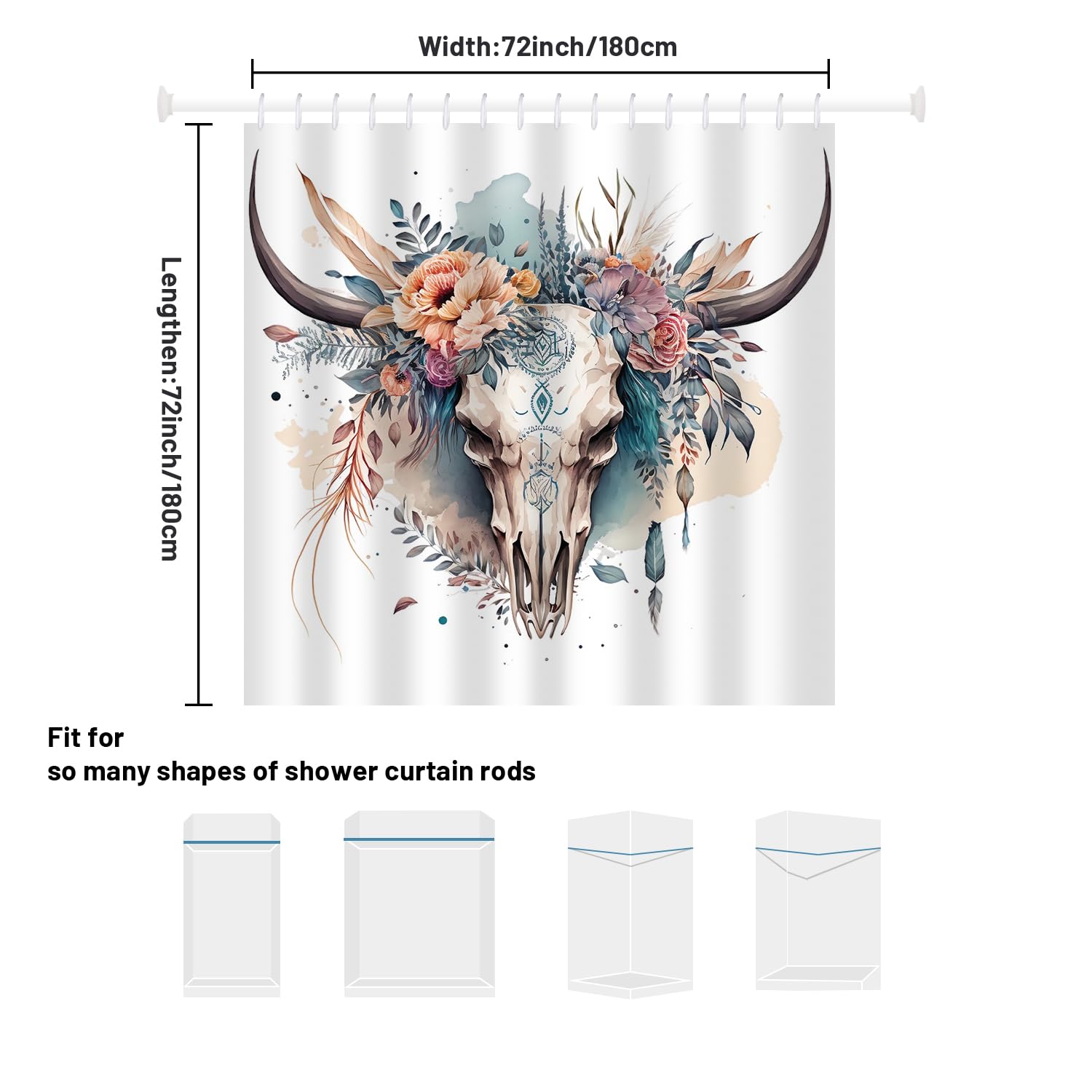 She Love Western Bull Skull Shower Curtain Retro Boho Cow Longhorn Skull Flower Head Shower Curtain With Hooks 72X72 Inch Waterp
