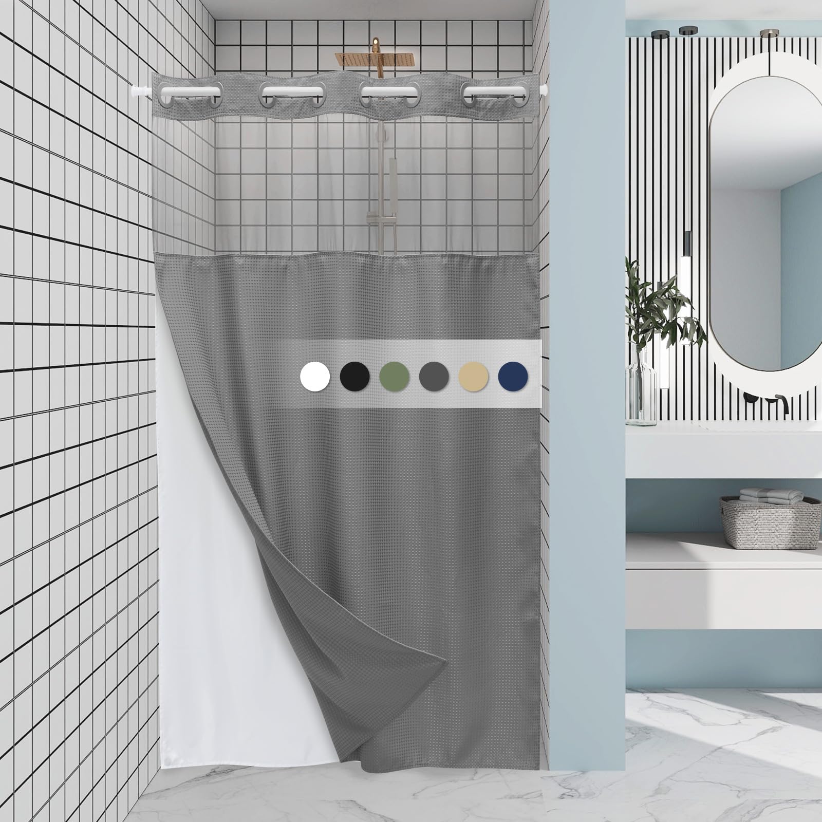 Eutxl Grey Stall Shower Curtain And Liner Set - 230Gsm Waffle Weave Textured Heavy Duty,Hotel Luxury Weighted Bath Curtain,54W X