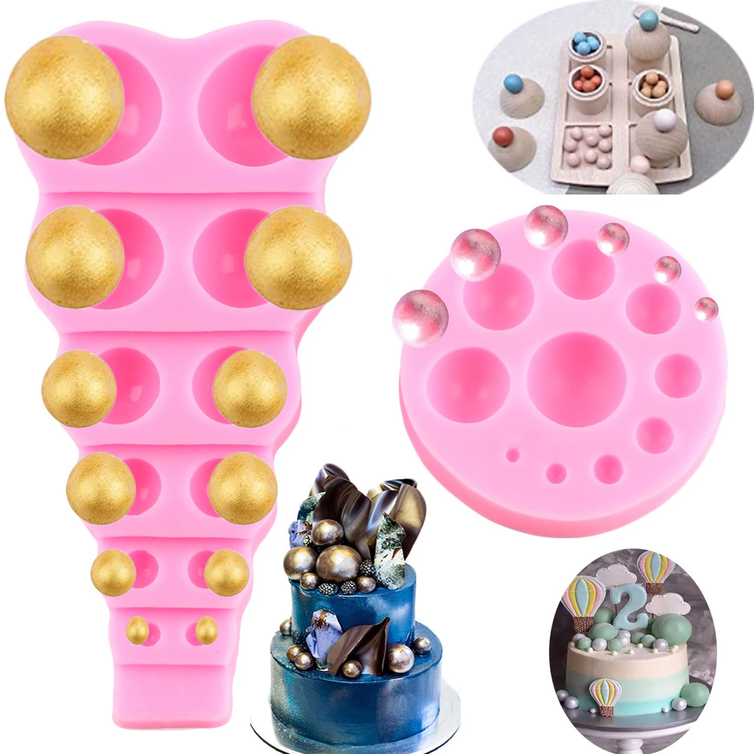 Mujiang Pearl Silicone Mold Semi Sphere 3D Chocolate Molds For Fondant Cake Decorating Set Of 2