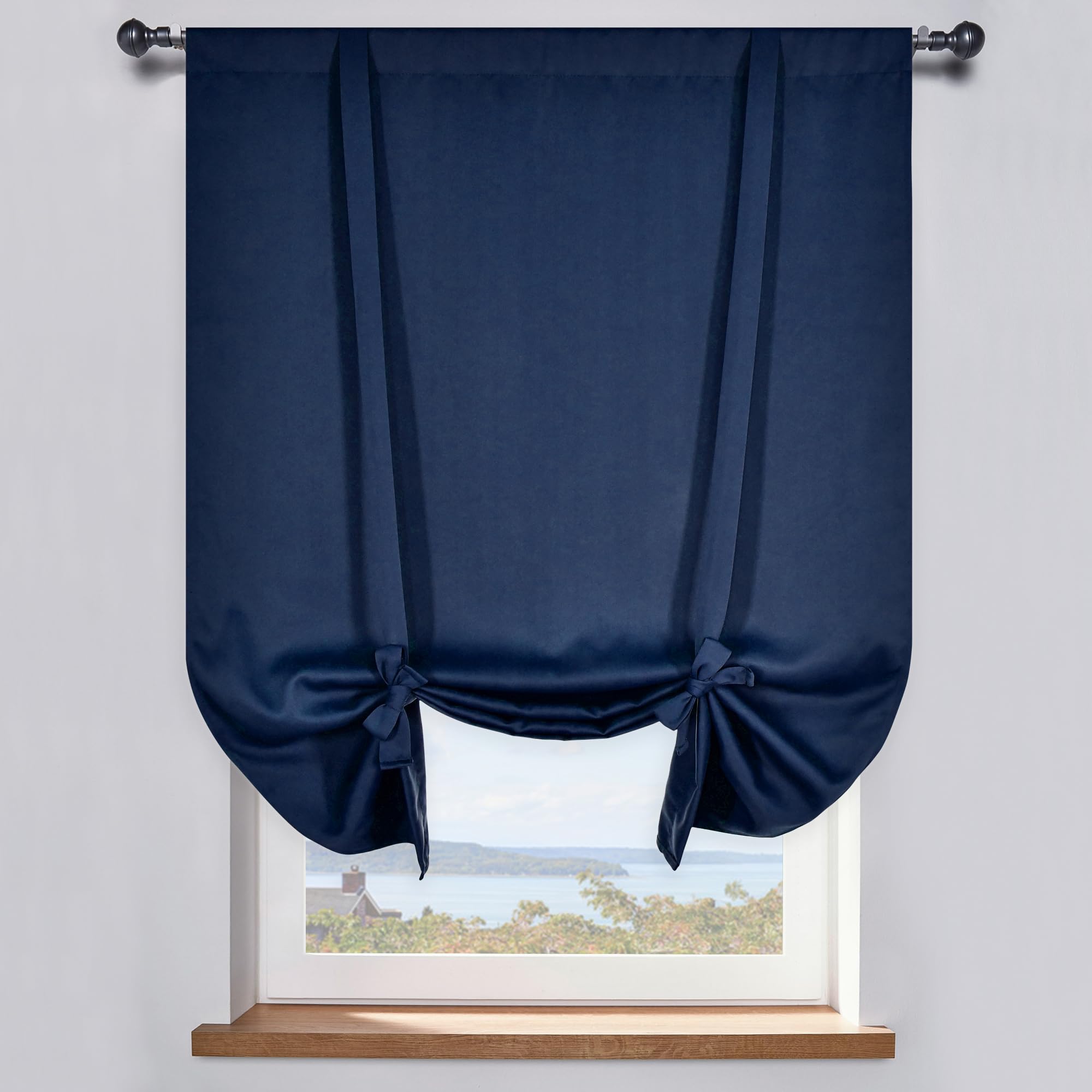DONREN Navy Blue Tie Up Roman Curtain,Rod Pocket Energy Efficient Small Window Shades Adjustable Balloon Valance for Home Decora