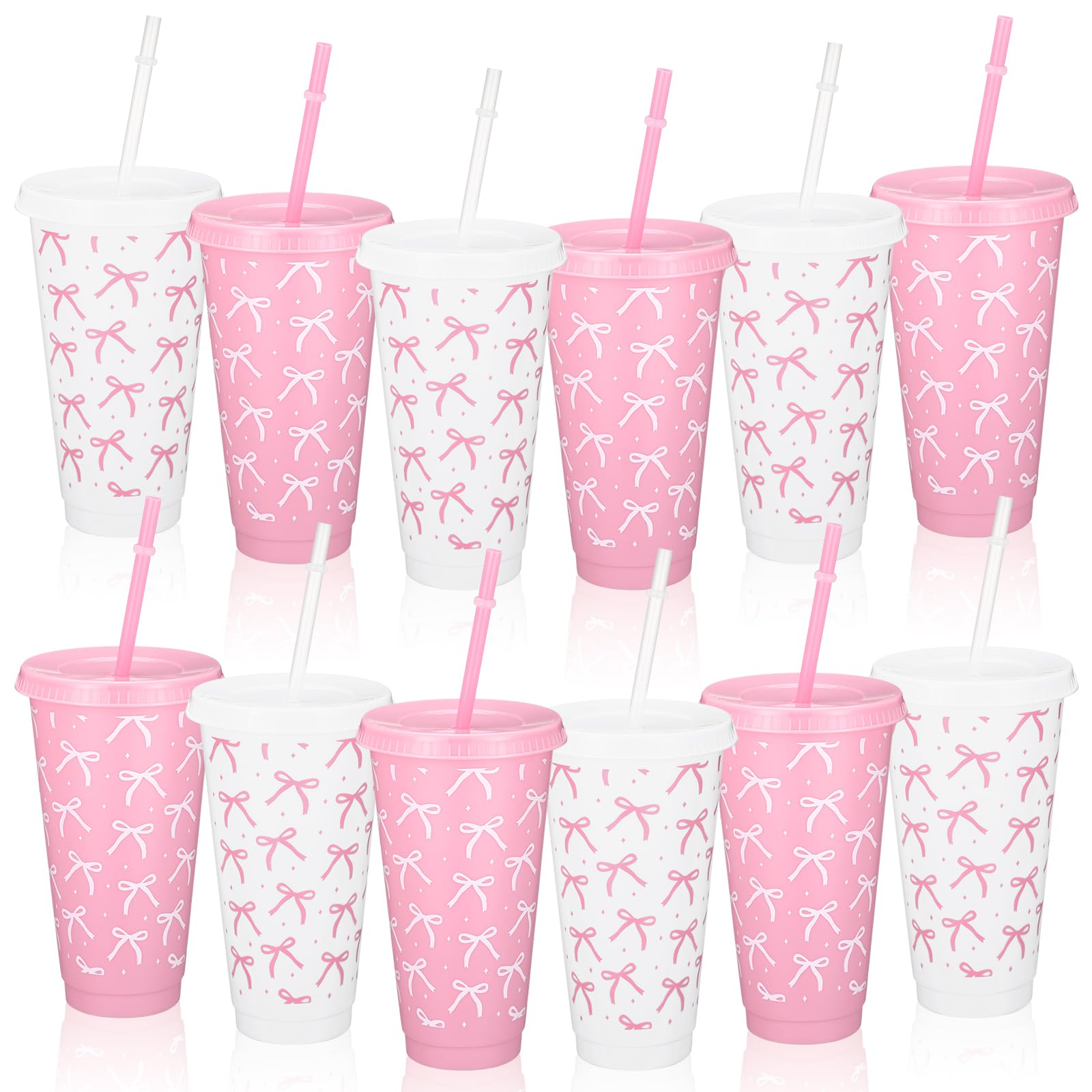 Pickmesh 12 Pcs 24 oz Pink Bow Plastic Cups with Lids and Straws Coquette Bachelorette Party Supplies Pink Bow Reusable Tumbler 