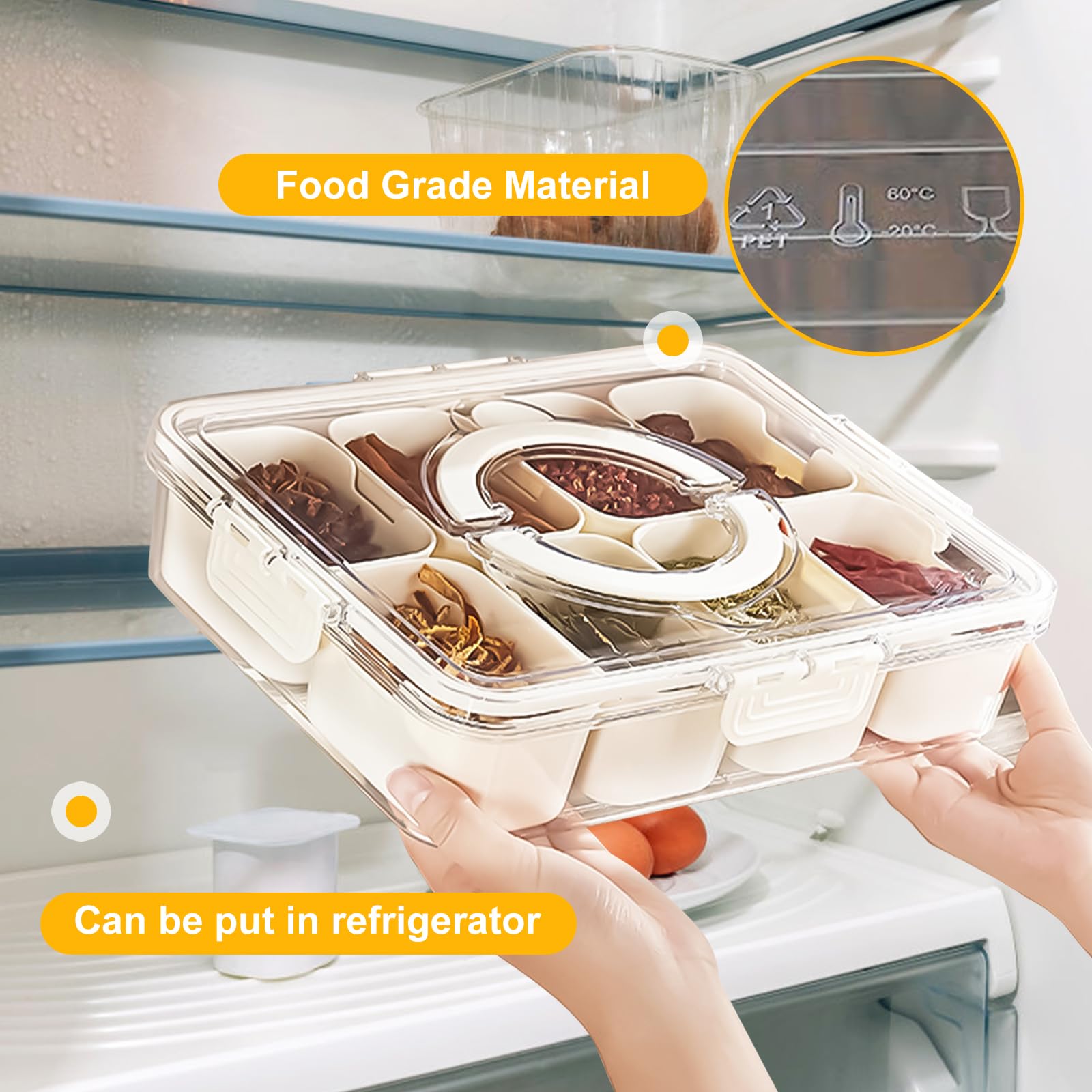 Divided Serving Tray With Lid And Handle, Snackle Box Charcuterie Platter, Clear Storage Organizer For Candy, Veggie, Fruits, Nu