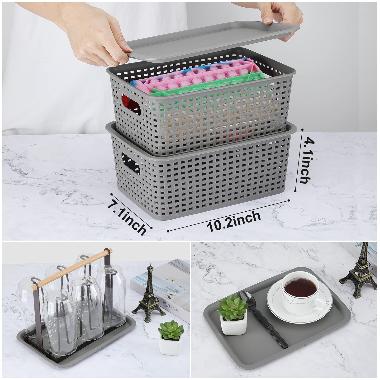 Areyzin Plastic Storage Baskets Bins With Lid Organizing Container Lidded Knit Storage Organizer Bins For Shelves Drawers Deskto