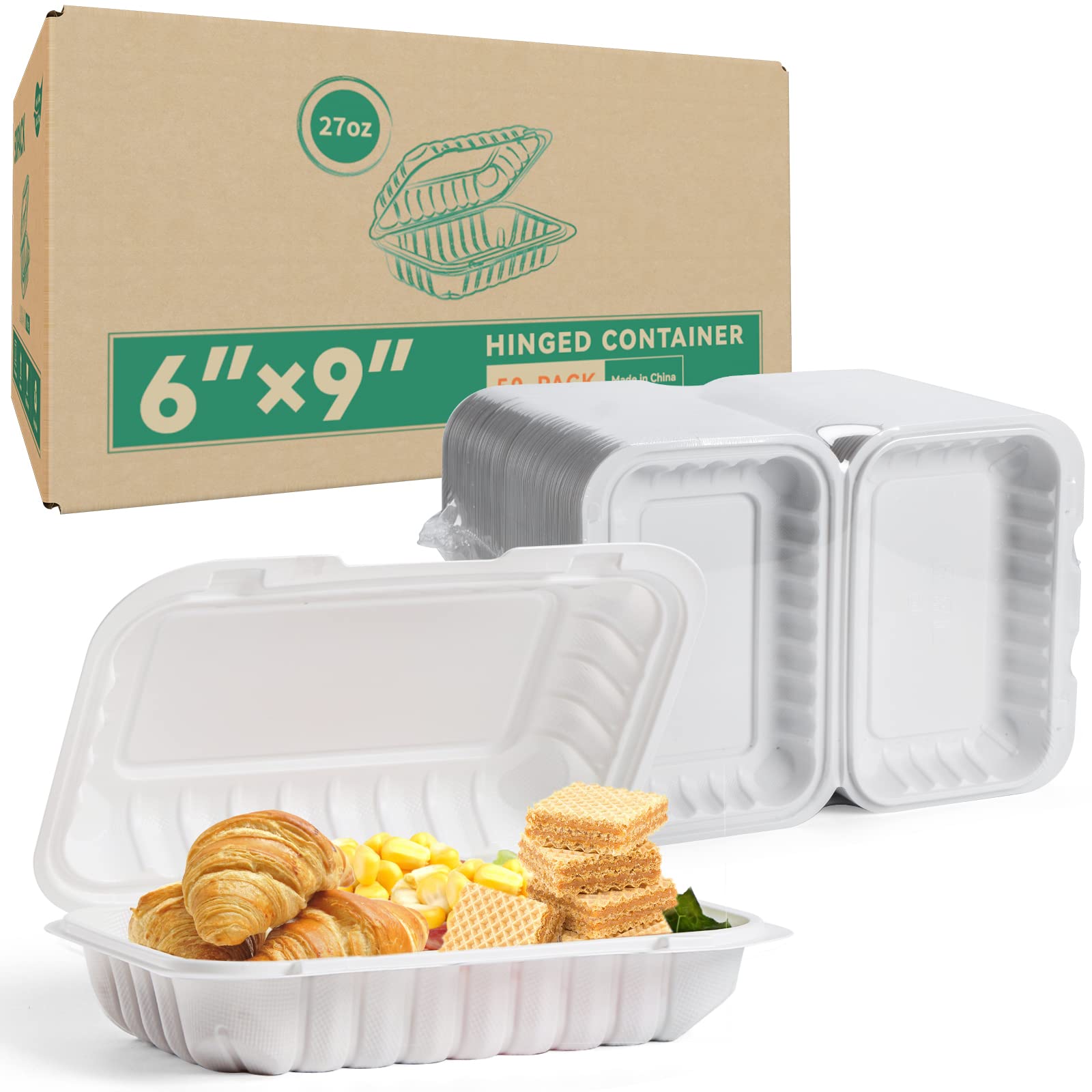 LEOBOX Plastic Containers Mineral Filled PP 9x6 - Shrink Wrap 50 Pack 27oz BPA Free Takeout Box | Freezer Microwave & Dishwasher