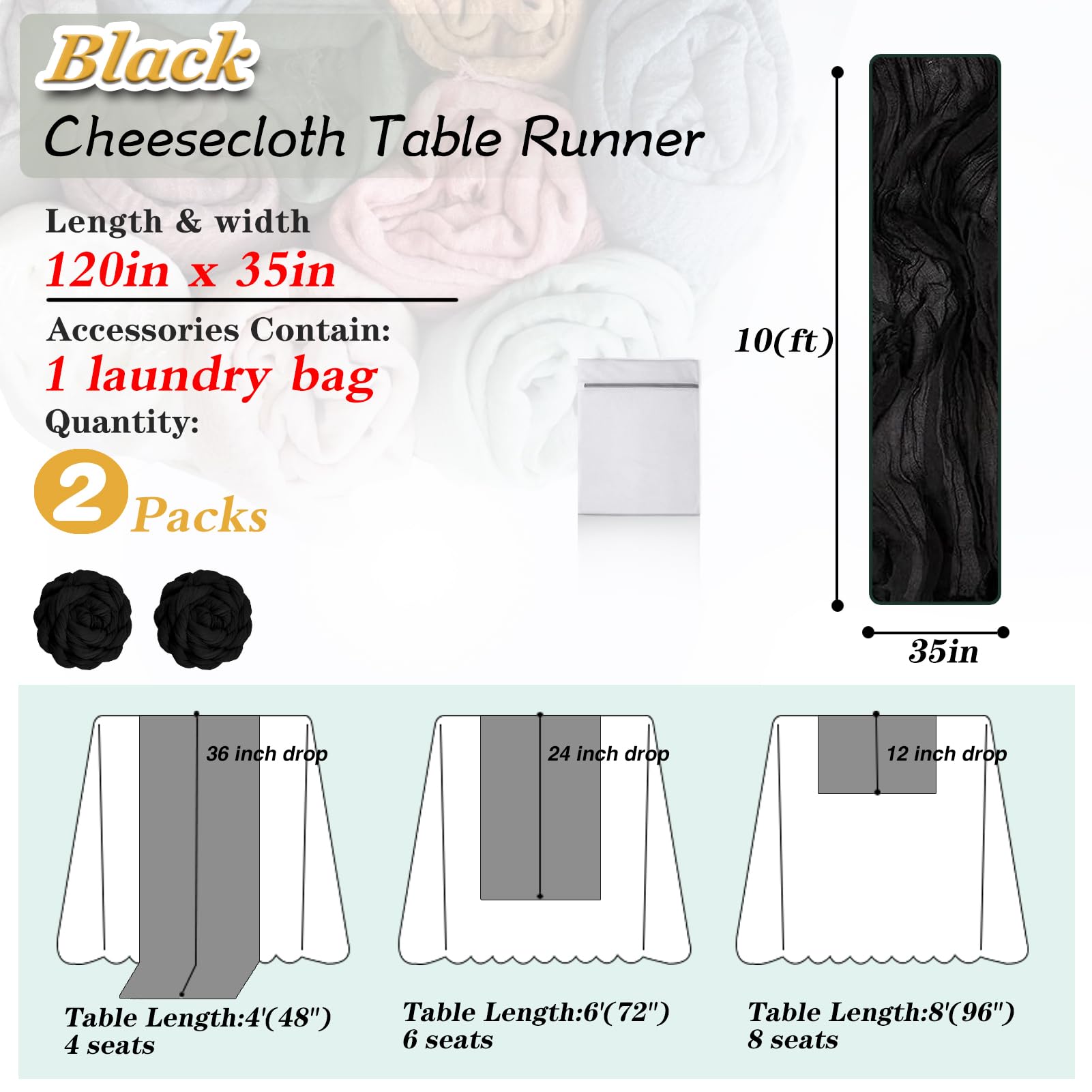 Waligoy Black Cheesecloth Table Runner 2 Pack 35'' Boho Gauze Table Runner 120 Inches Long Table Runner Rustic Sheer Fabric Bulk