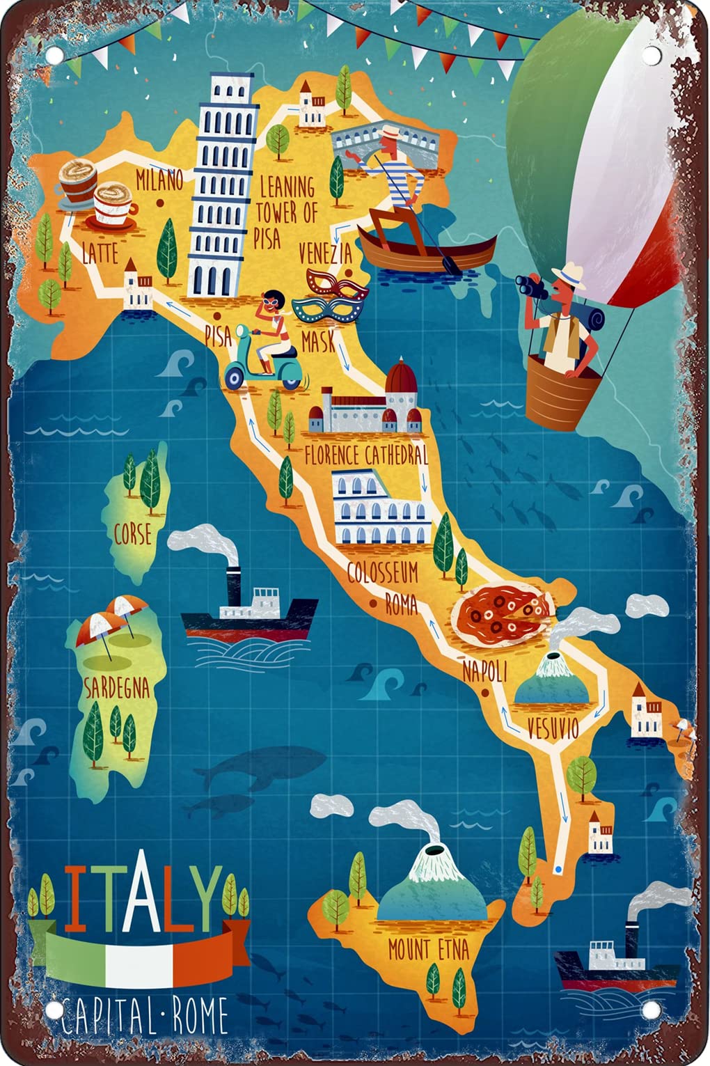 Italy Map Sights 8X12 Inch Retro Decorative Sign Metal Tin Sign Room Decorative Wall Art Bar Retro World Travel Poster Wall Deco