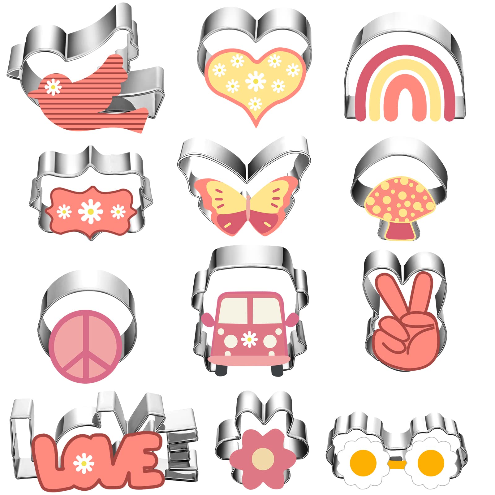 12 Pcs Back To School Groovy Cookie Cutters Set Stainless Steel Cookie Molds Bus Butterfly Heart Flower Cookie Cutters Kitchen B