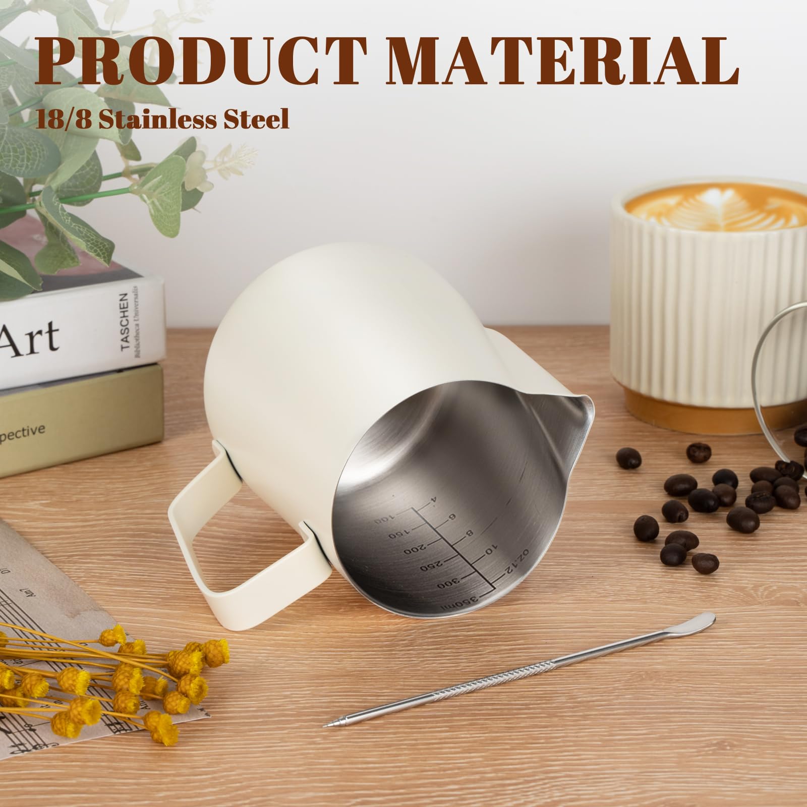 Amrules Milk Frothing Pitcher, 12Oz Milk Frother Cup With Clear Scale, 304 Stainless Steel Cappuccino Espresso Machine Accessori