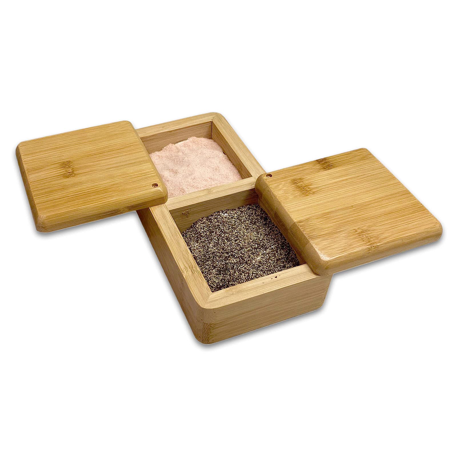 Bam & Boo - Natural Bamboo Multi-Purpose Storage Box W. Swivel Lid (2-Compartments) - For Salt, Sugar, Spices, Herbs Or Office S