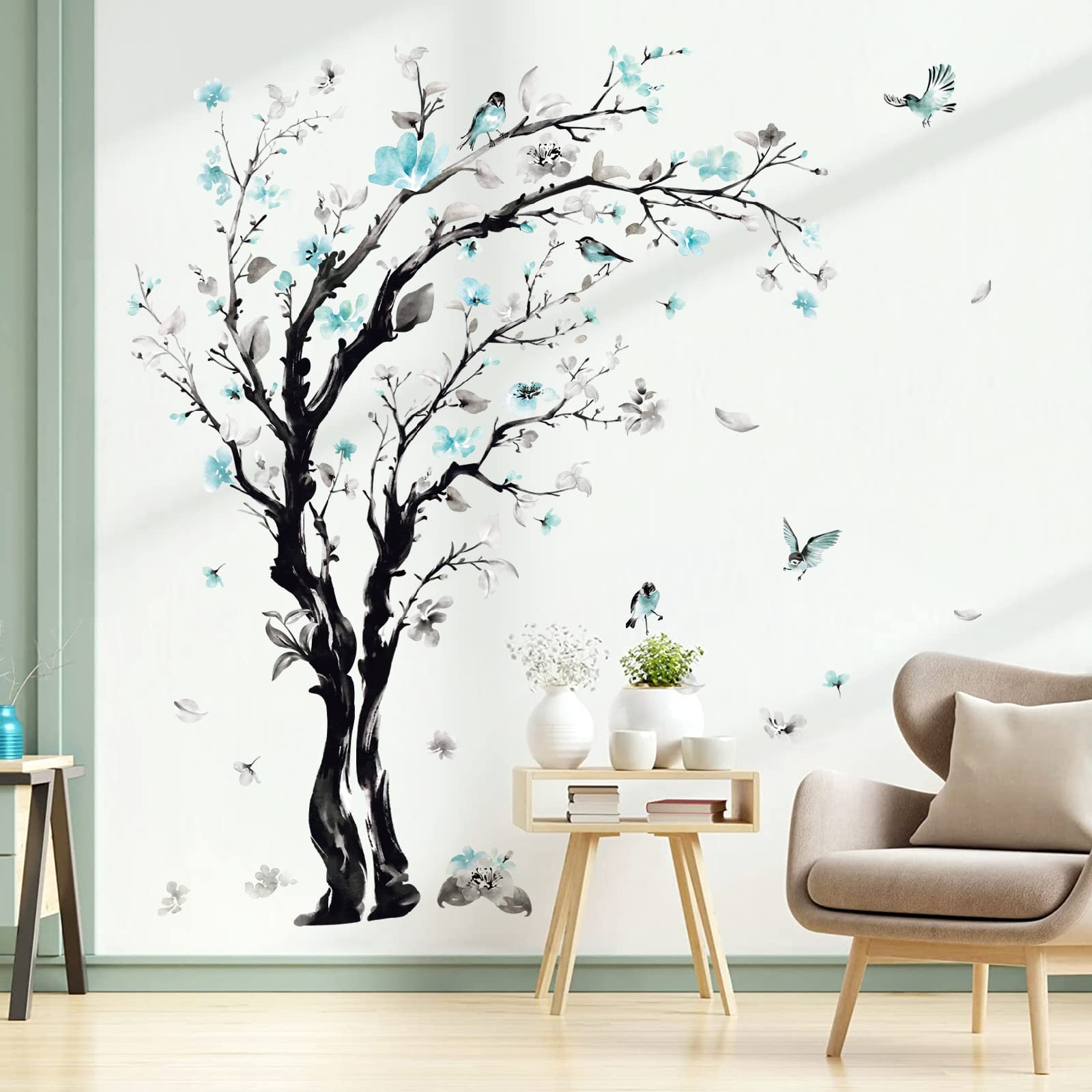 Decalmile Large Watercolor Tree Wall Decals Blue Flower Branch Wall Stickers Living Room Bedroom Kitchen Wall Decor(H:63/48 Inch