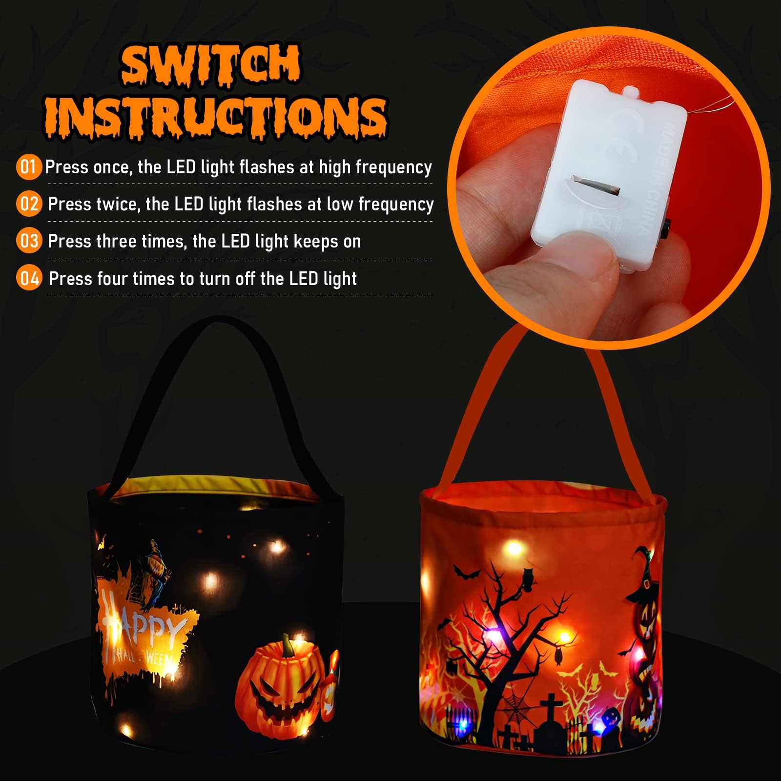 Hutuzldz Halloween Trick Or Treat Candy Bags Led Light Up Pumpkin Bucket, Collapsible Reusable Candy Basket, Fabric Tote Gift Go
