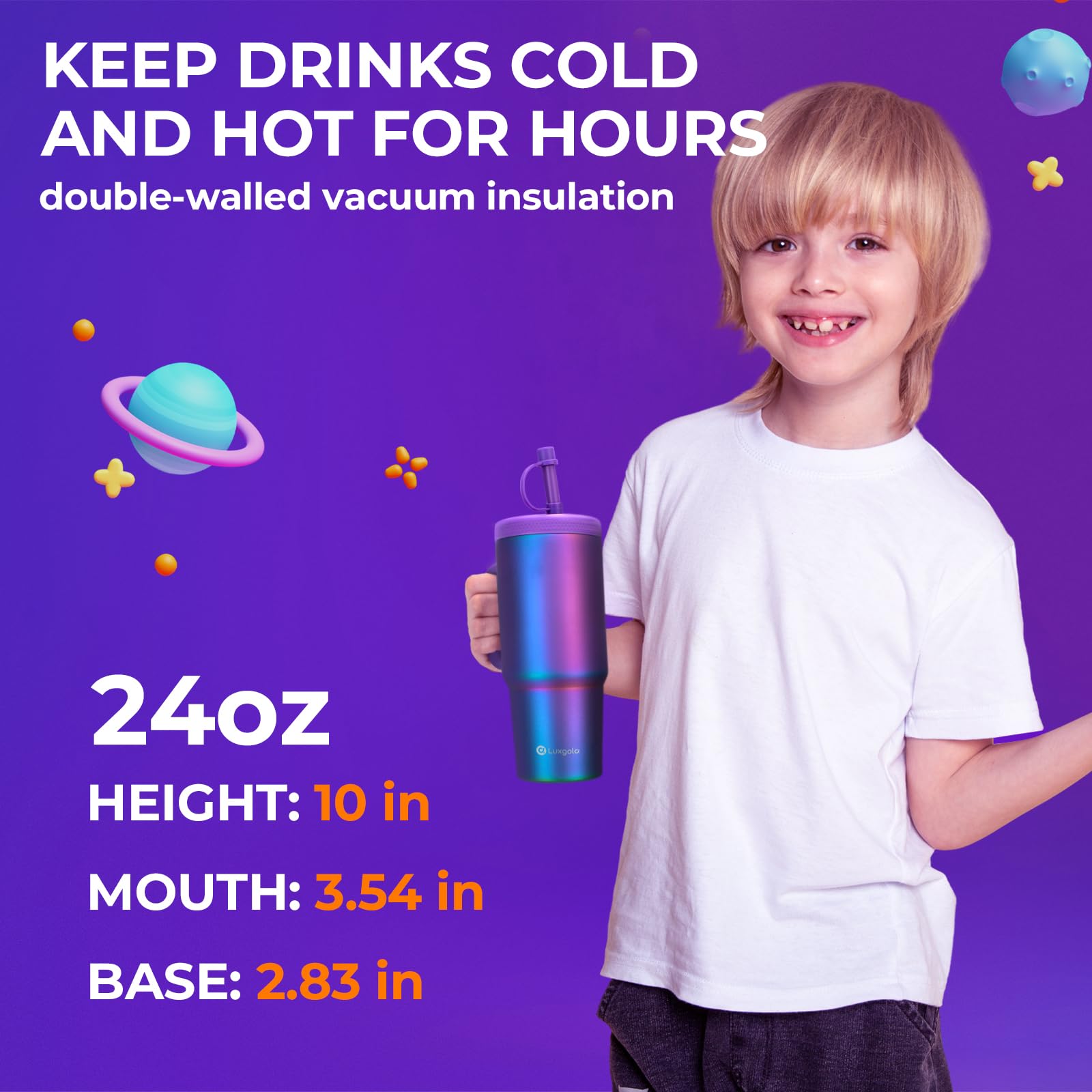 Luxgola Kids 24 oz Tumbler with Handle, Leak-Proof Screw-On Lid with Removable Silicone Straw, Spill Proof, Reusable Stainless S