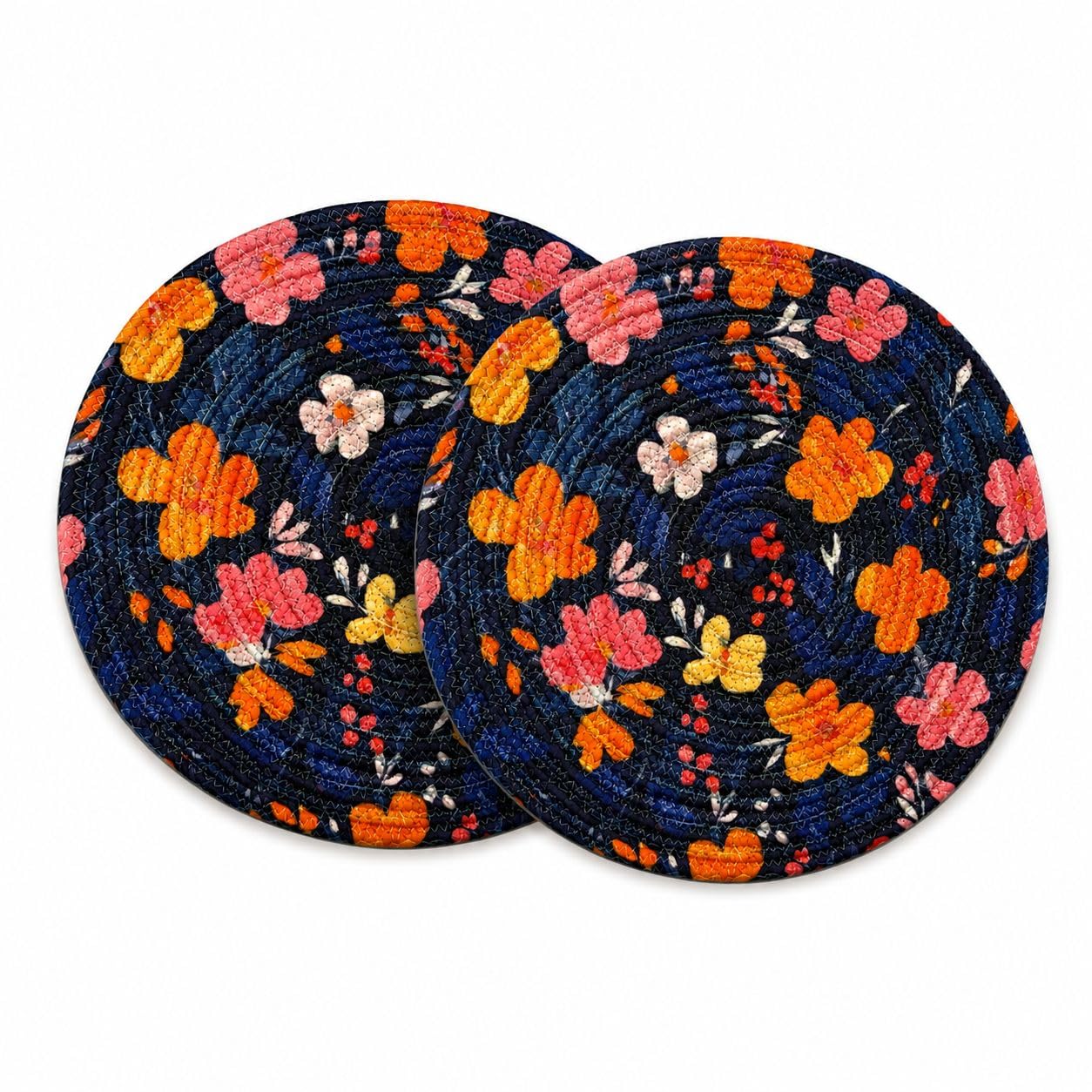 Nishomes Round Placemat, Floral Printed, 8 Inch, Set of 2, Navy Blue with Orange and Pink Flowers