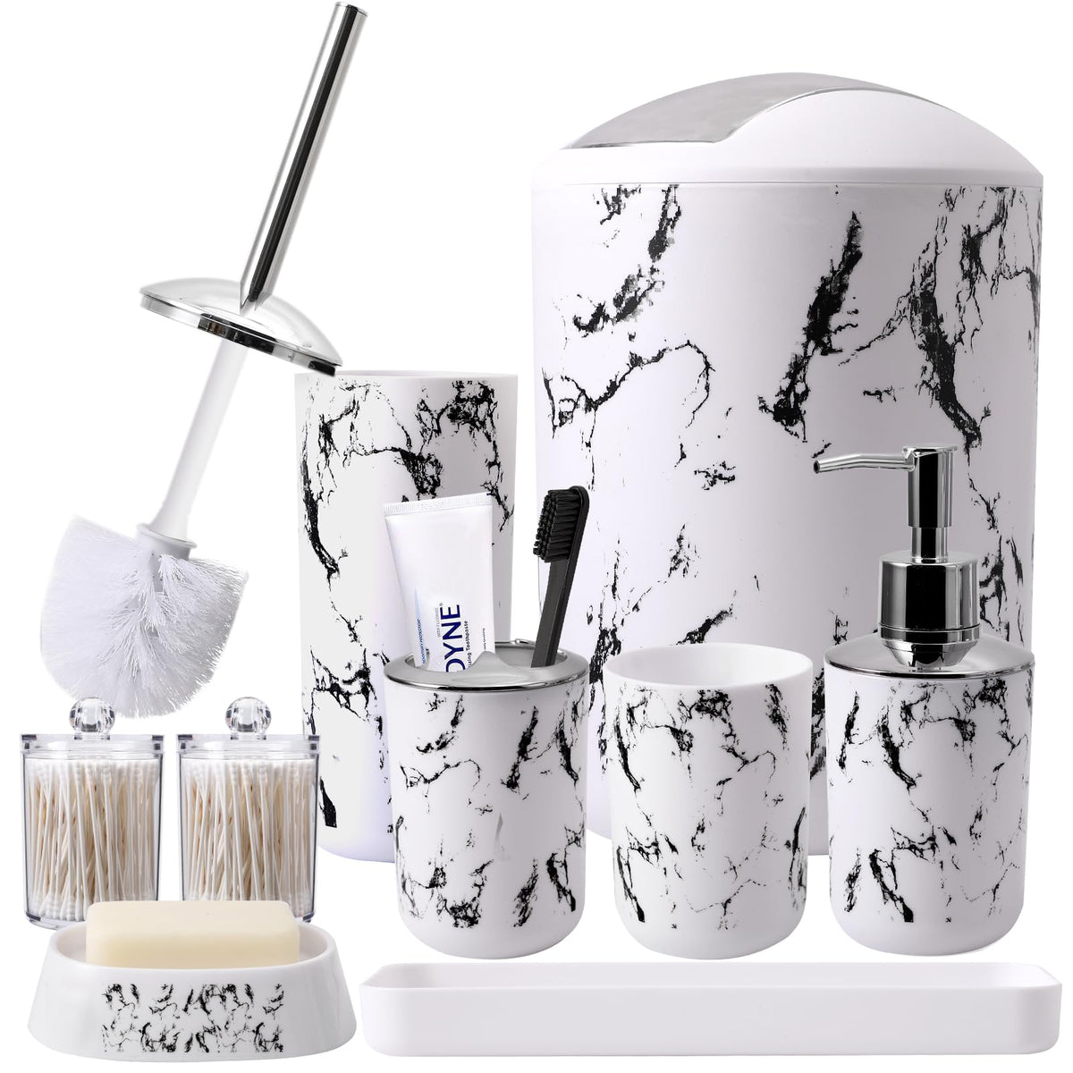 White Marble Bathroom Accessories Set, White Bathroom Set With Trash Can, Vanity Tray, Soap Dispenser, Soap Dish, Toothbrush Hol