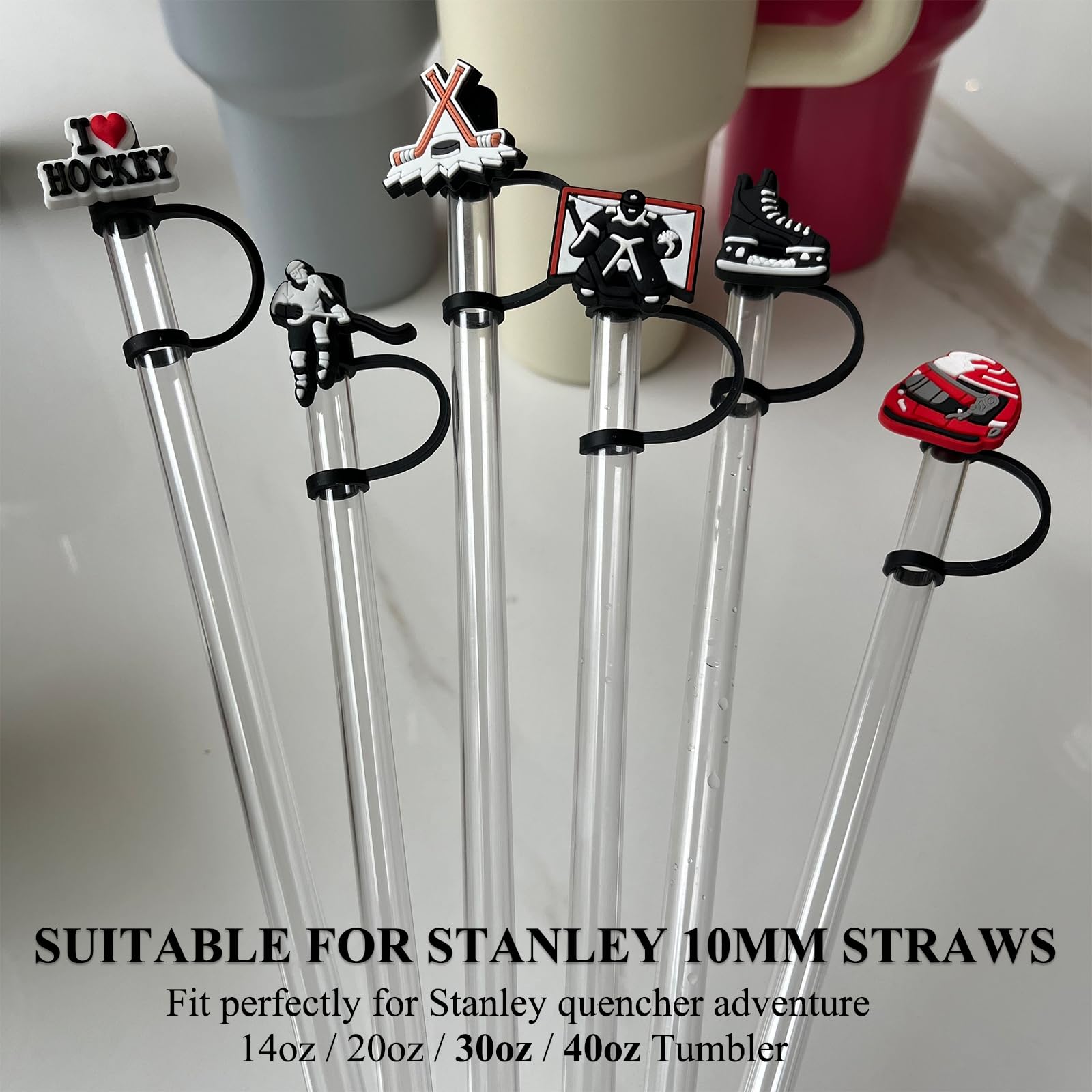Amreich Hockey Straw Cover For Stanley Cup, 6 Pcs Silicone Straw Topper For 30/40Oz Tumbler With Handle, Black Straw Cover Cap F
