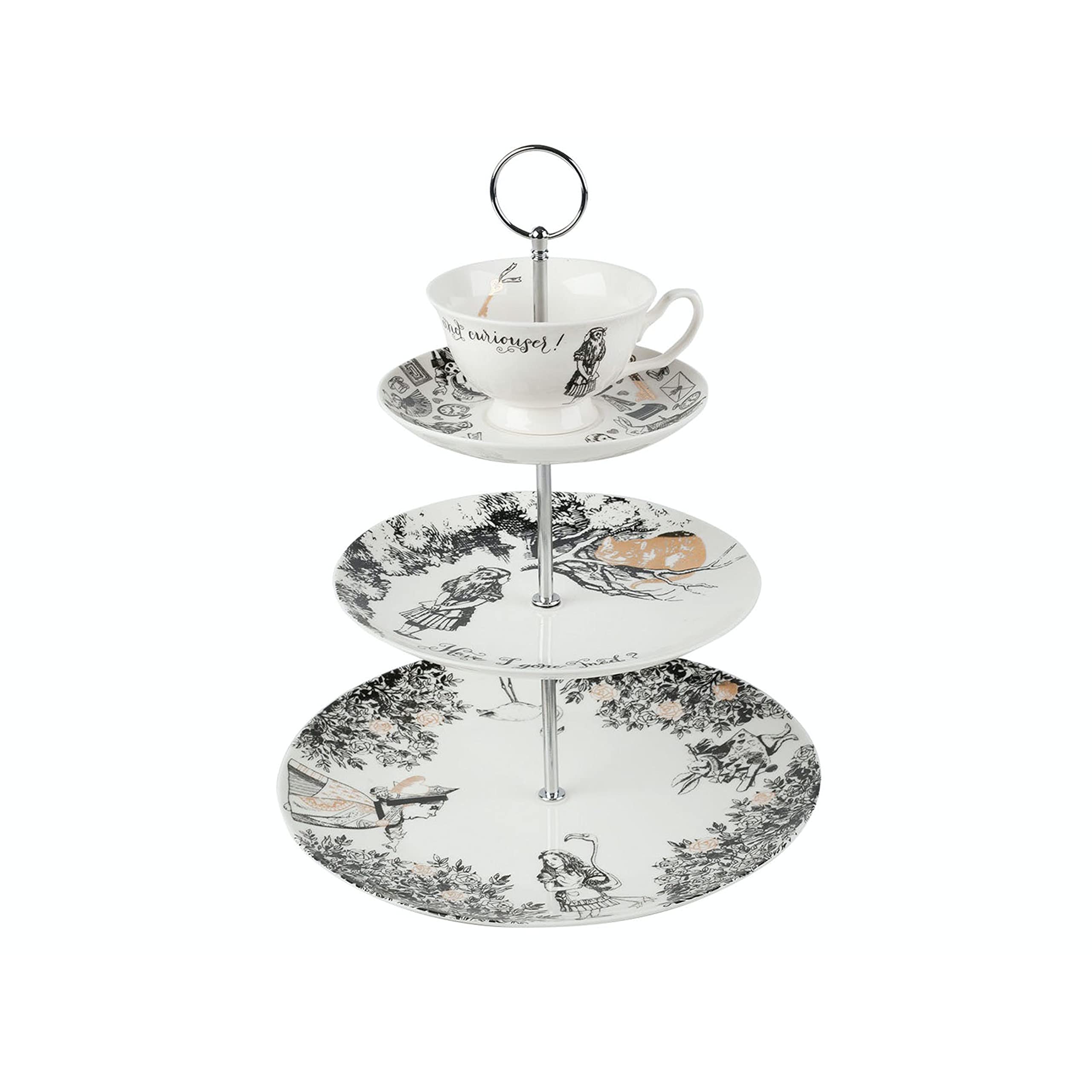 V&A Alice in Wonderland 3 Tier Cake Stand Serving Set, Cake Standing Set, Gift Boxed, White