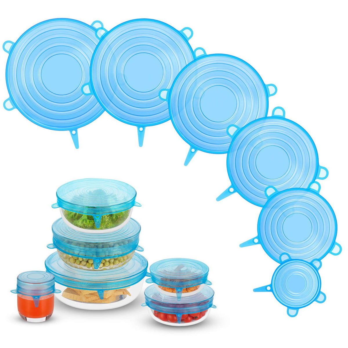 Silicone Stretch Lids, Zero Waste Reusable Silicon Container Lid Covers For Leftover Food Fruit Bowls Pots Cups Jars Dishes (6Pc