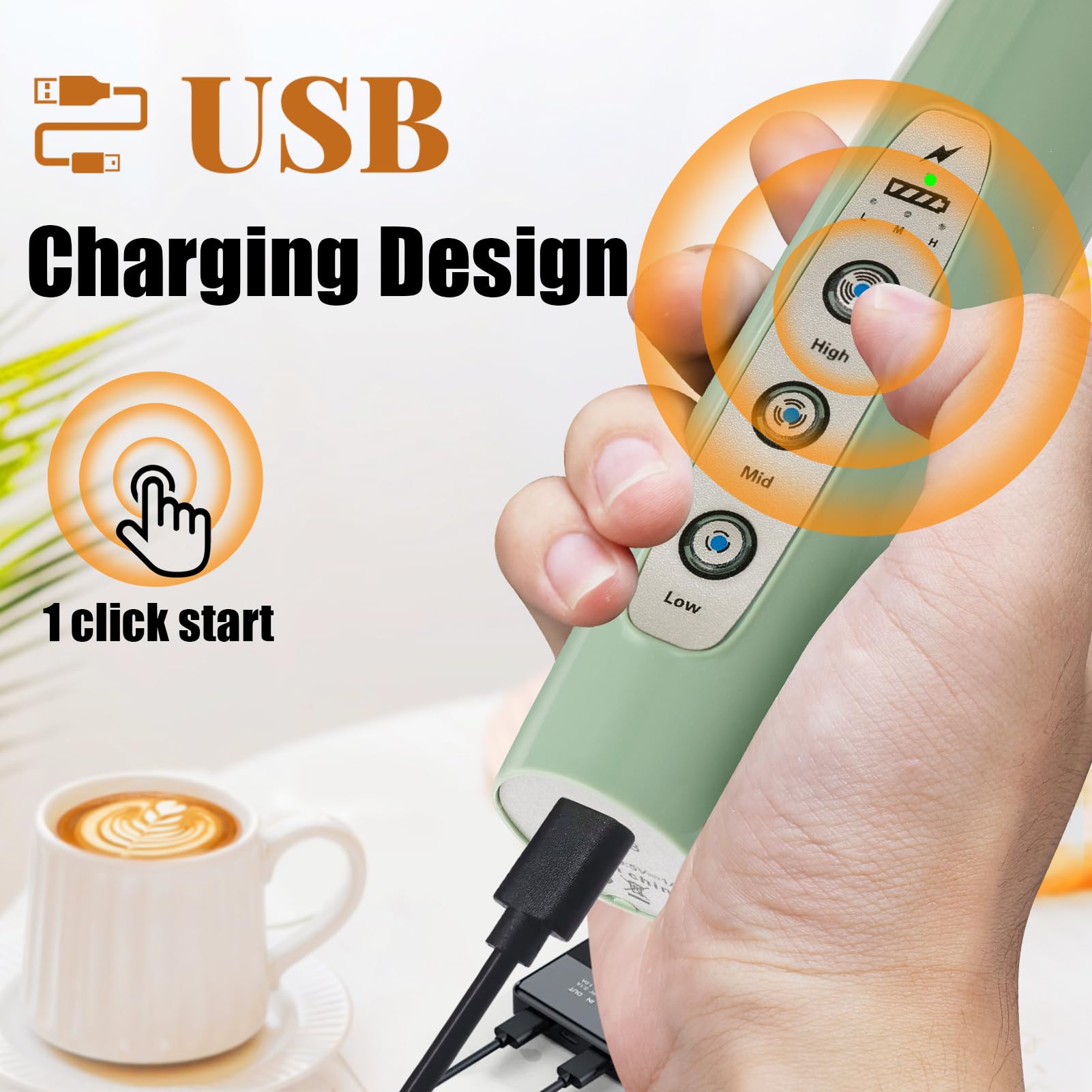 Nahida Granite Green Milk Frother Wand For Coffee, Frother Handheld Rechargeable Electric Whisk With 3 Heads 3 Speeds Drink Mixe