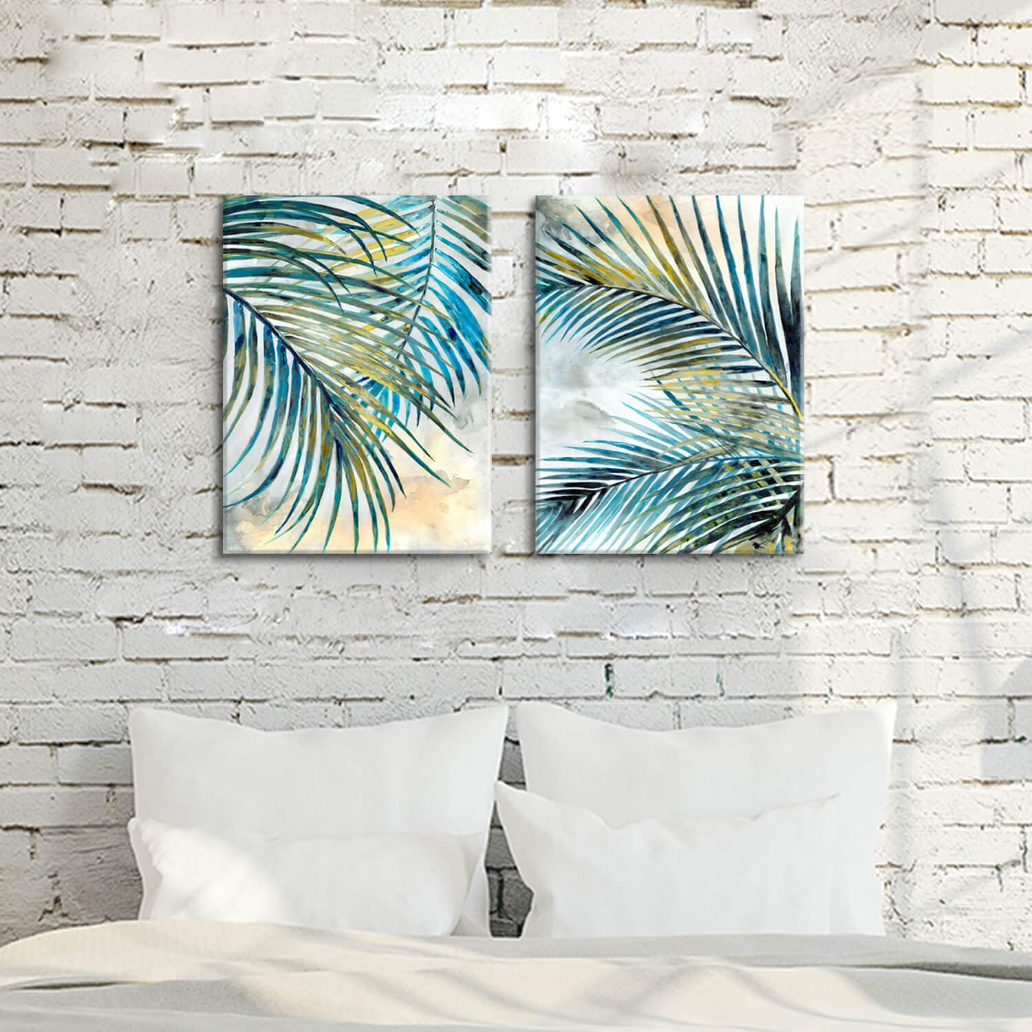 Artistic Path Palm Leaves Canvas Wall Art: Tropical Leaf Artwork Picture Painting For Bedroom (18 '' W X 24 '' H X 2 Pcs,Multi-S
