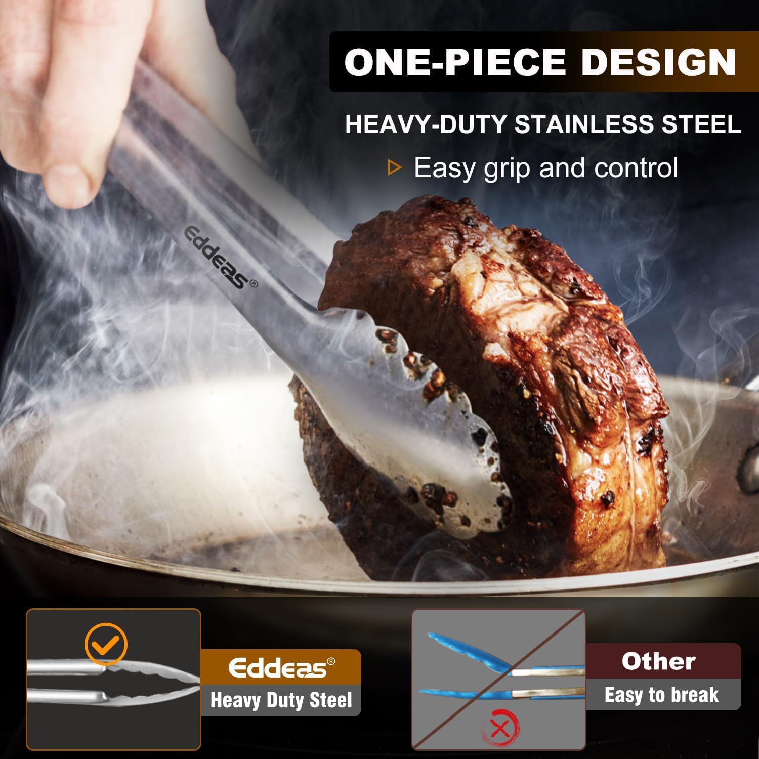 Eddeas Tongs For Cooking - Heat Resistant 600 Degrees Metal Kitchen Tongs, Heavy Duty Stainless Steel Tongs - Perfect For Food,
