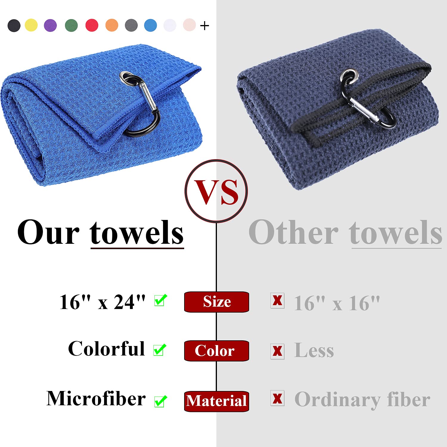 Vividly 2 Pack Tri-Fold Golf Towels, Premium Microfiber Fabric Waffle Pattern With Black Heavy Duty Carabiner Clip, Blue Golf To