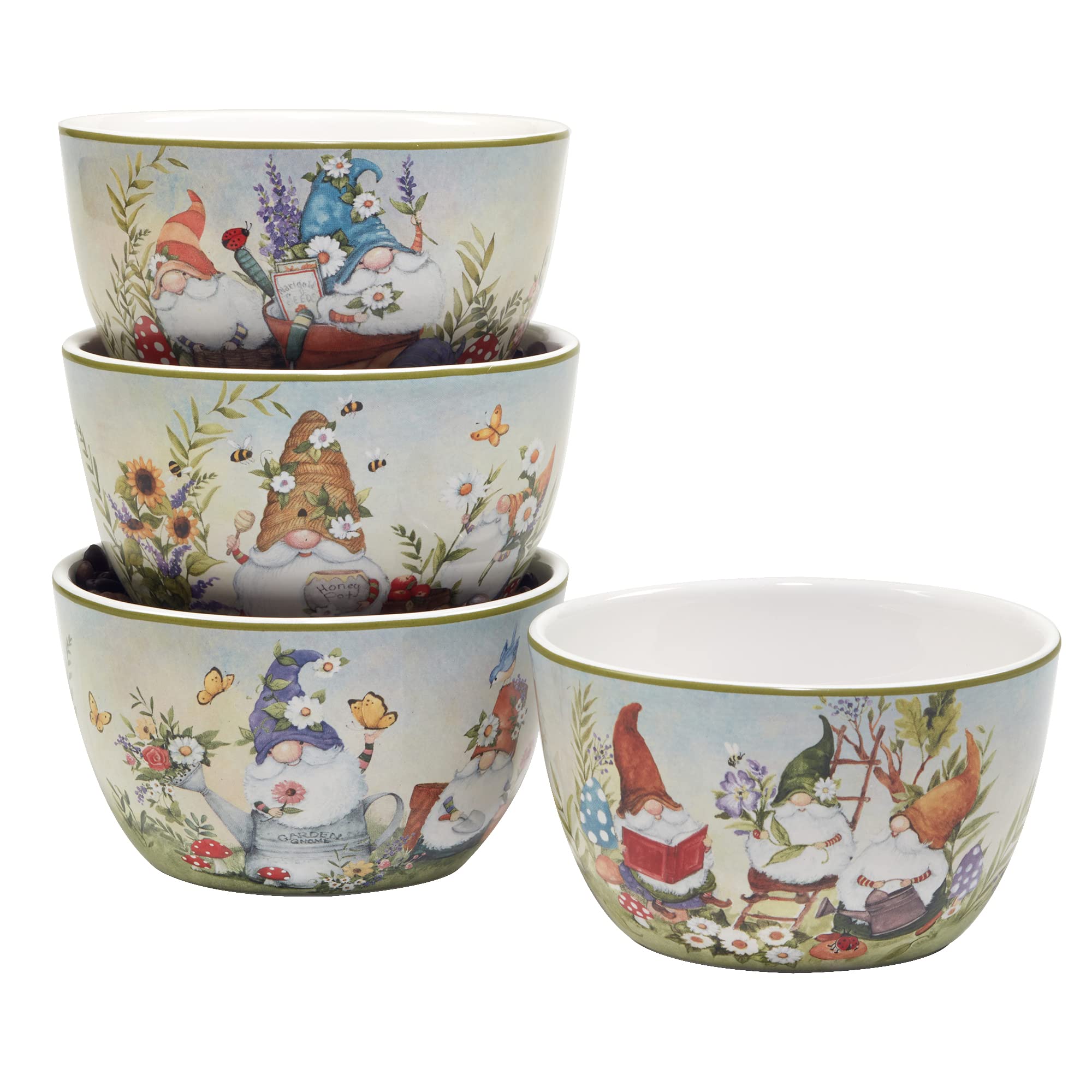Certified International Garden Gnomes 24 Oz. Ice Cream/Dessert Bowls, Set Of 4 Assorted Designs, Multicolor