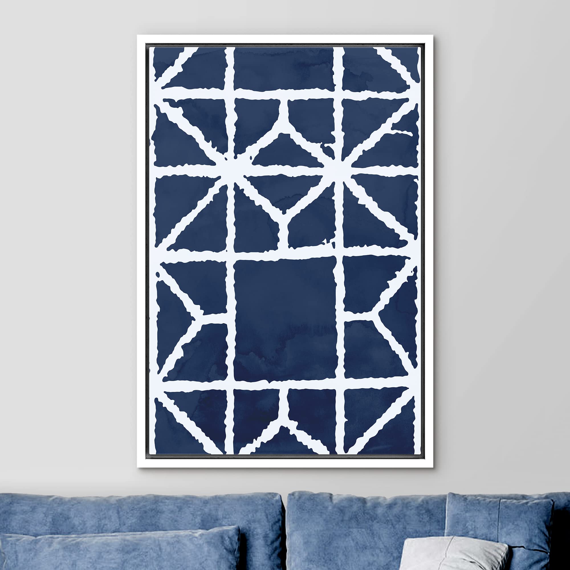 Ashbrook Framed Canvas Print Wall Art White Geometric Striped Grid On Blue Background Abstract Shapes Illustrations Modern Minim