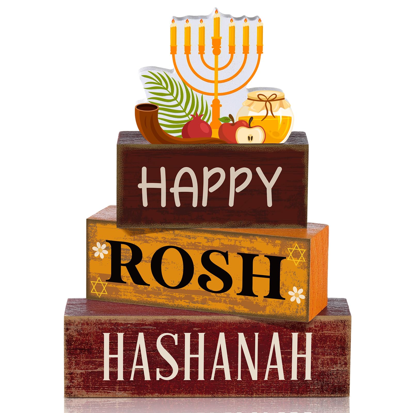 4 Pcs Rosh Hashanah Tables Decorations Happy Rosh Hashanah Wooden Tabletop Jewish New Year Party Decorations Rustic Block Center