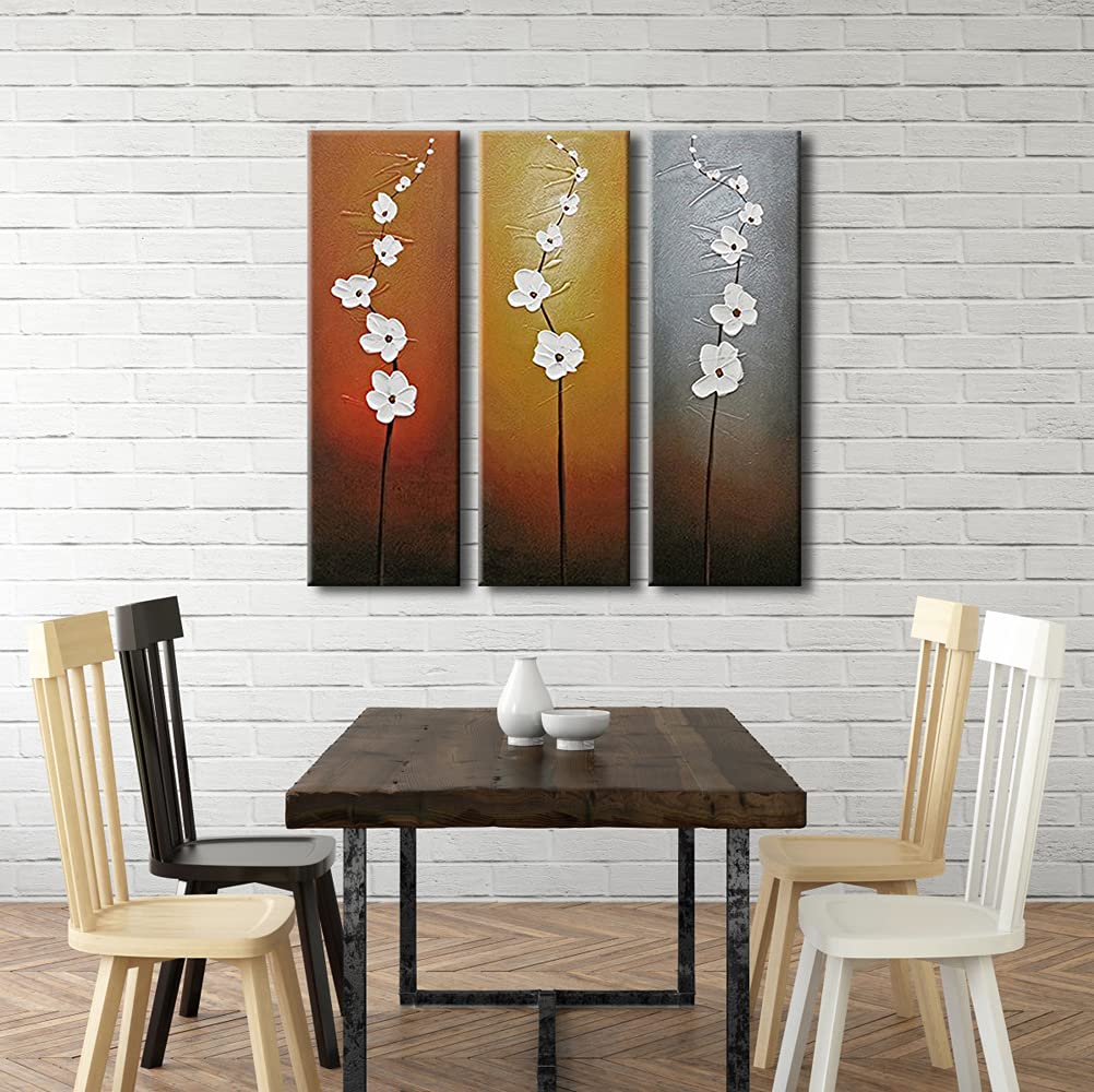 Wieco Art 3 Piece White Flowers Oil Paintings On Canvas Wall Art For Living Room Bedroom Home Decorations Modern Stretched And F