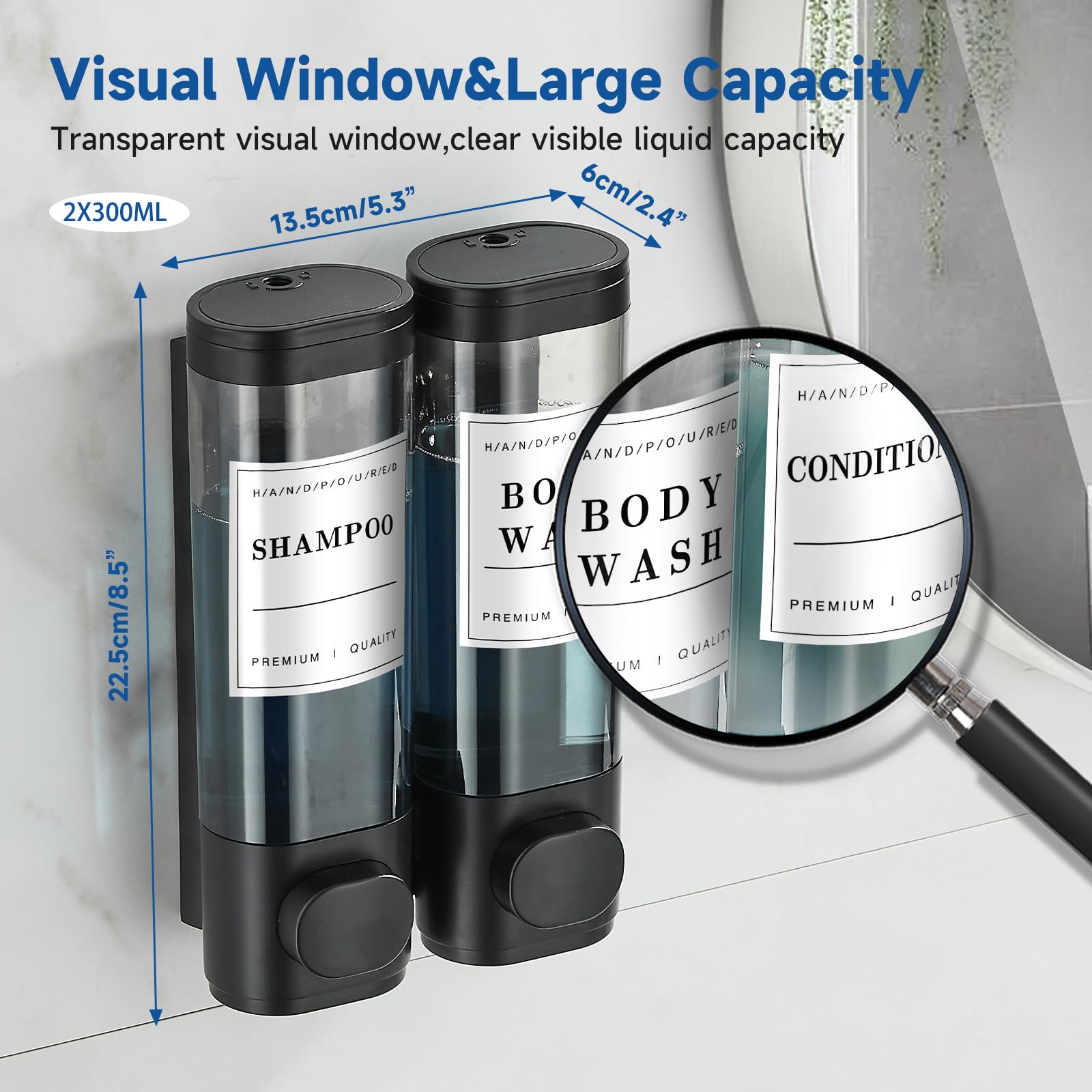 Shampoo And Conditioner Dispenser,Unisense Shower Soap Dispenser 2 Chamber No Drill Wall-Mounted Shampoo Dispenser For Shower Wa