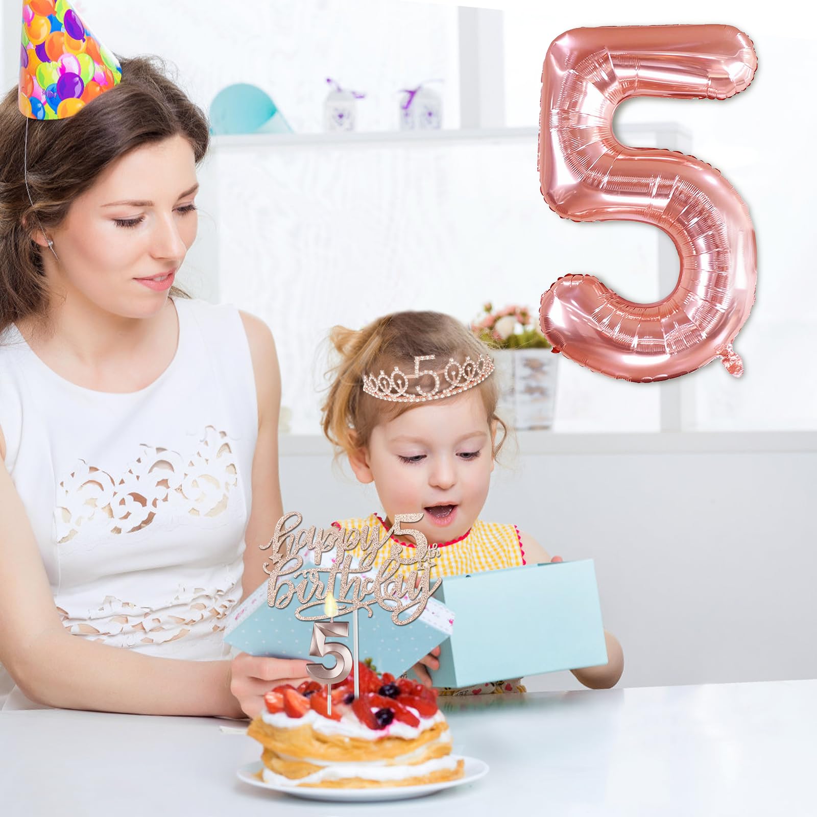 5Th Birthday Decorations For Girls, Including 5Th Birthday Sash And Tiara, 5 Candles And Cake Toppers, Rose Gold Balloons And 3D